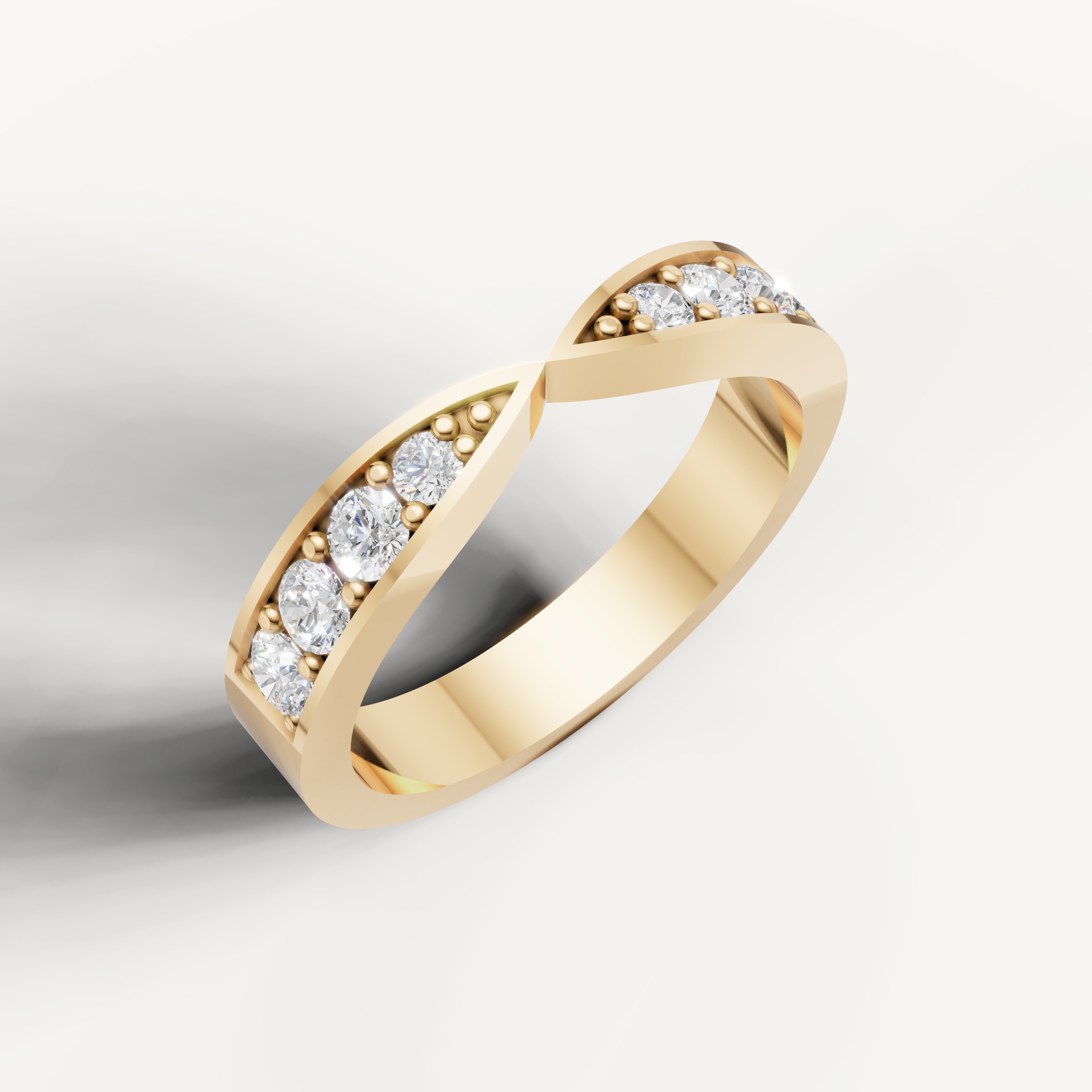Elegant yellow gold diamond crossover wedding ring by Raul Diamonds with sparkling round stones