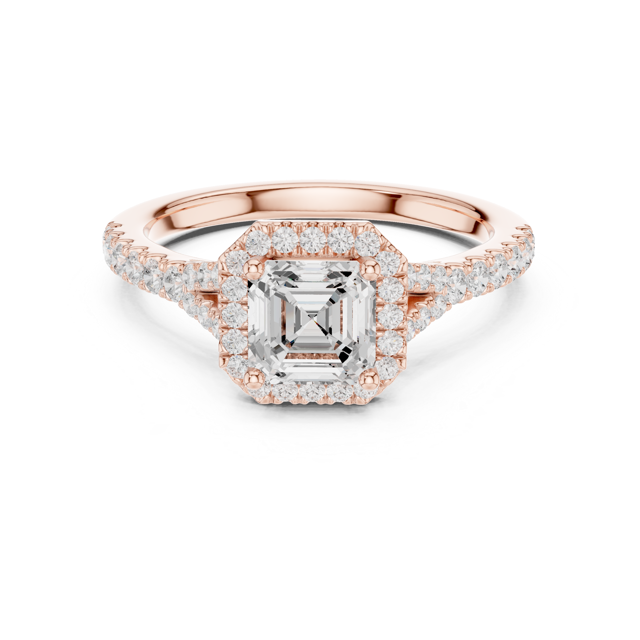 Lab grown Asscher halo ring with split shank pavé band