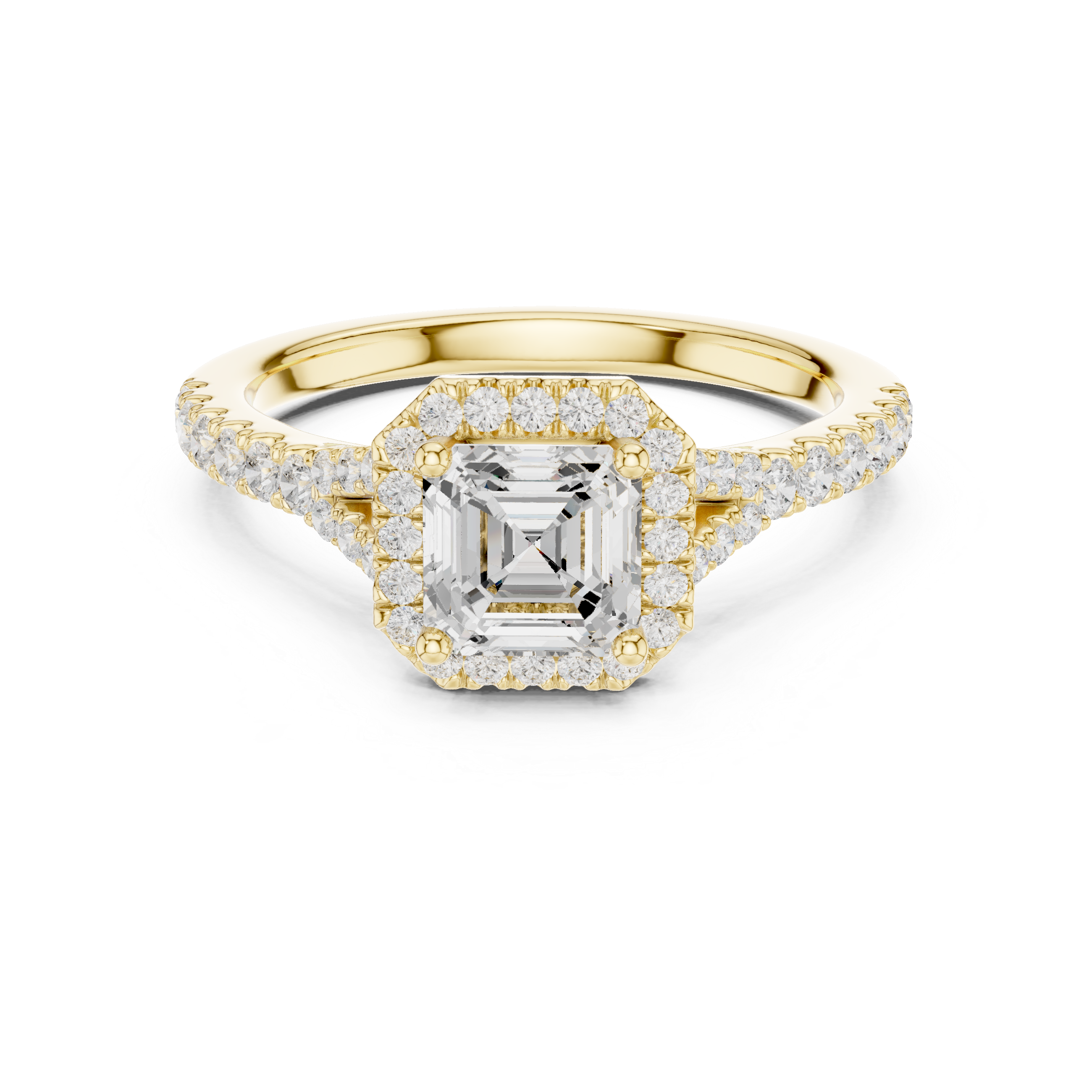 Asscher cut lab diamond halo ring split shank pavé