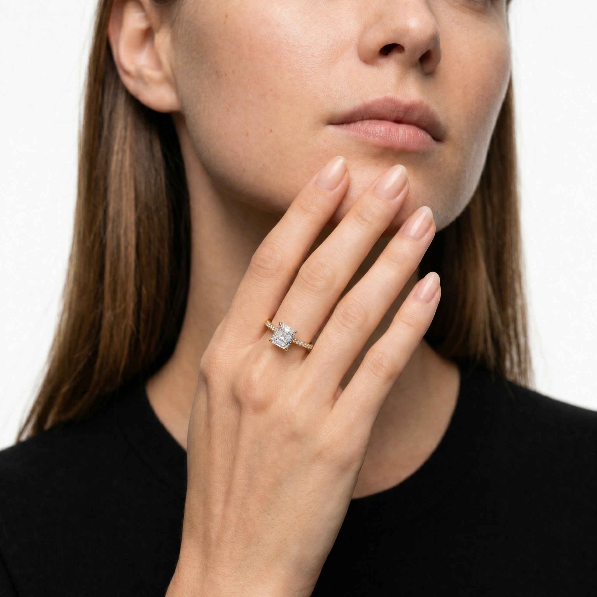 Luxury Model Wearing Asscher Cut Lab Grown Diamond Engagement Ring in 14K Yellow Gold – Raul Diamonds