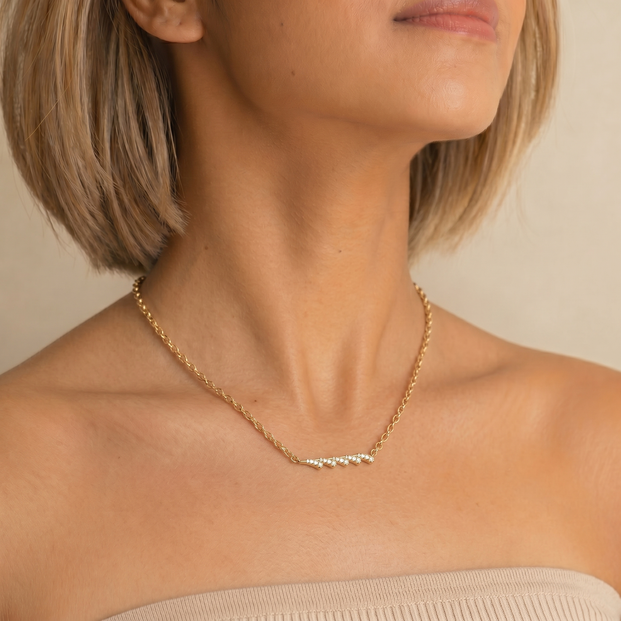 Female Model Wearing Curved Lab Grown Diamond Bar Pendant Necklace in 14K Gold by Raul Diamonds