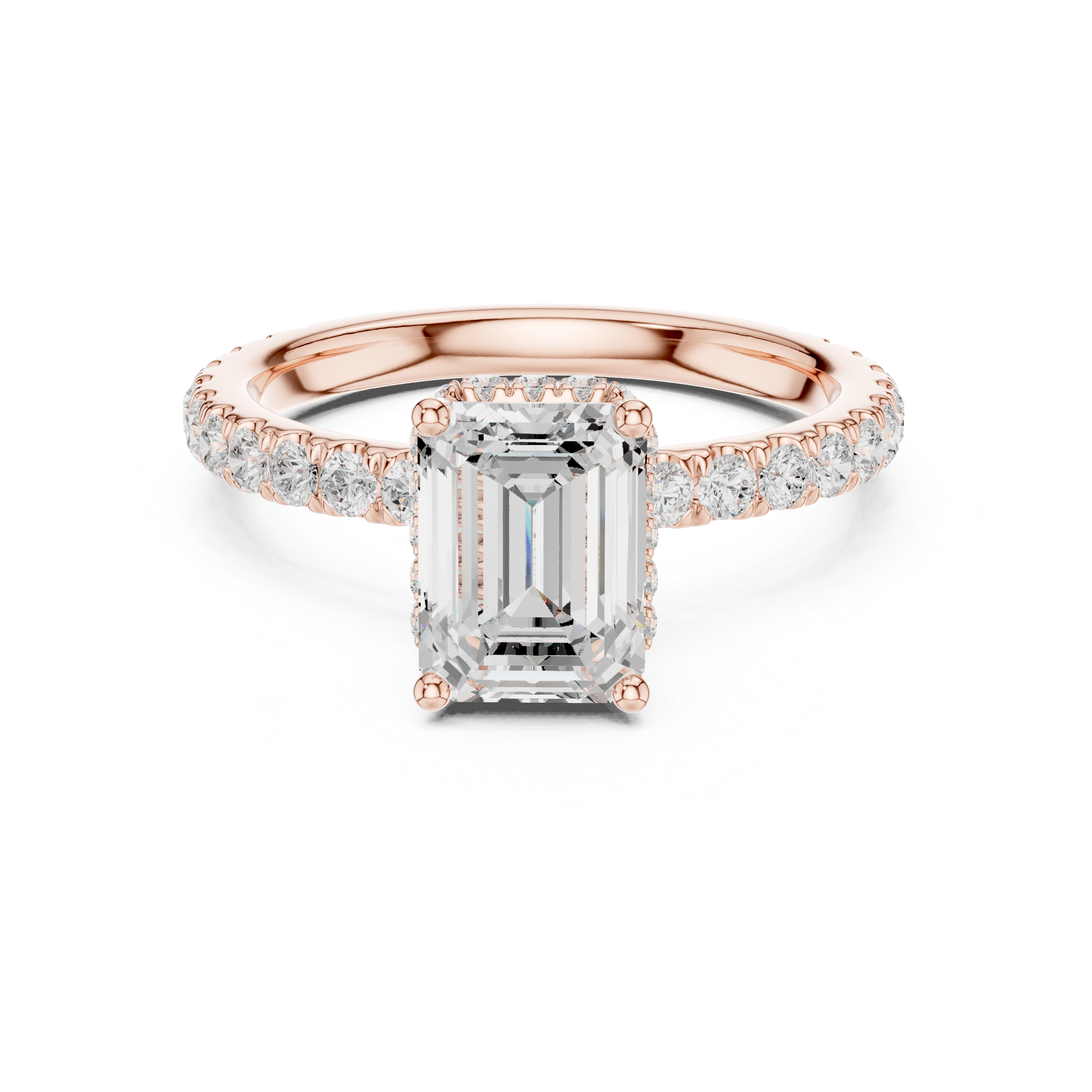 Lab grown emerald diamond halo ring with pavé band