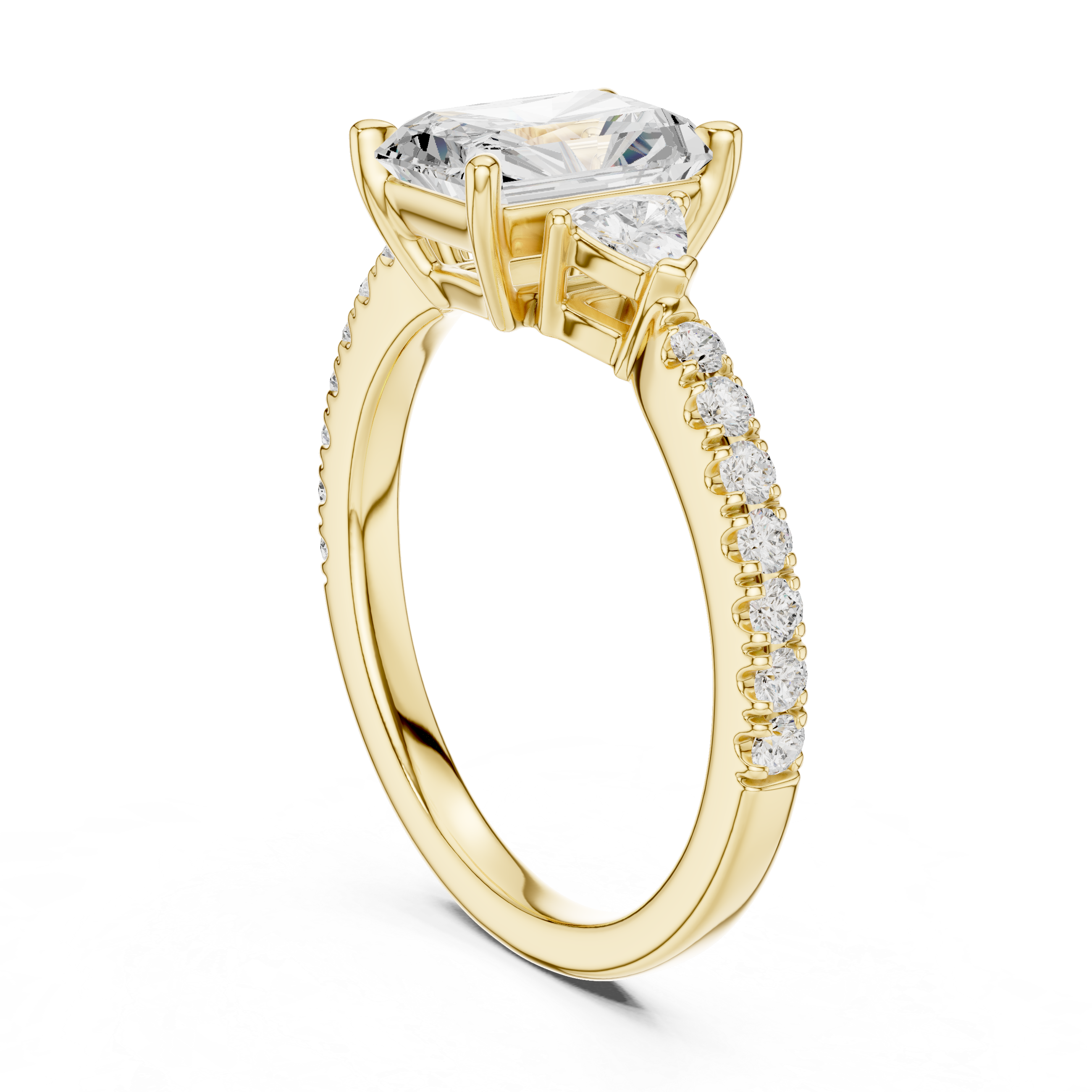 Engagement ring with radiant cut lab diamond and trillion stones