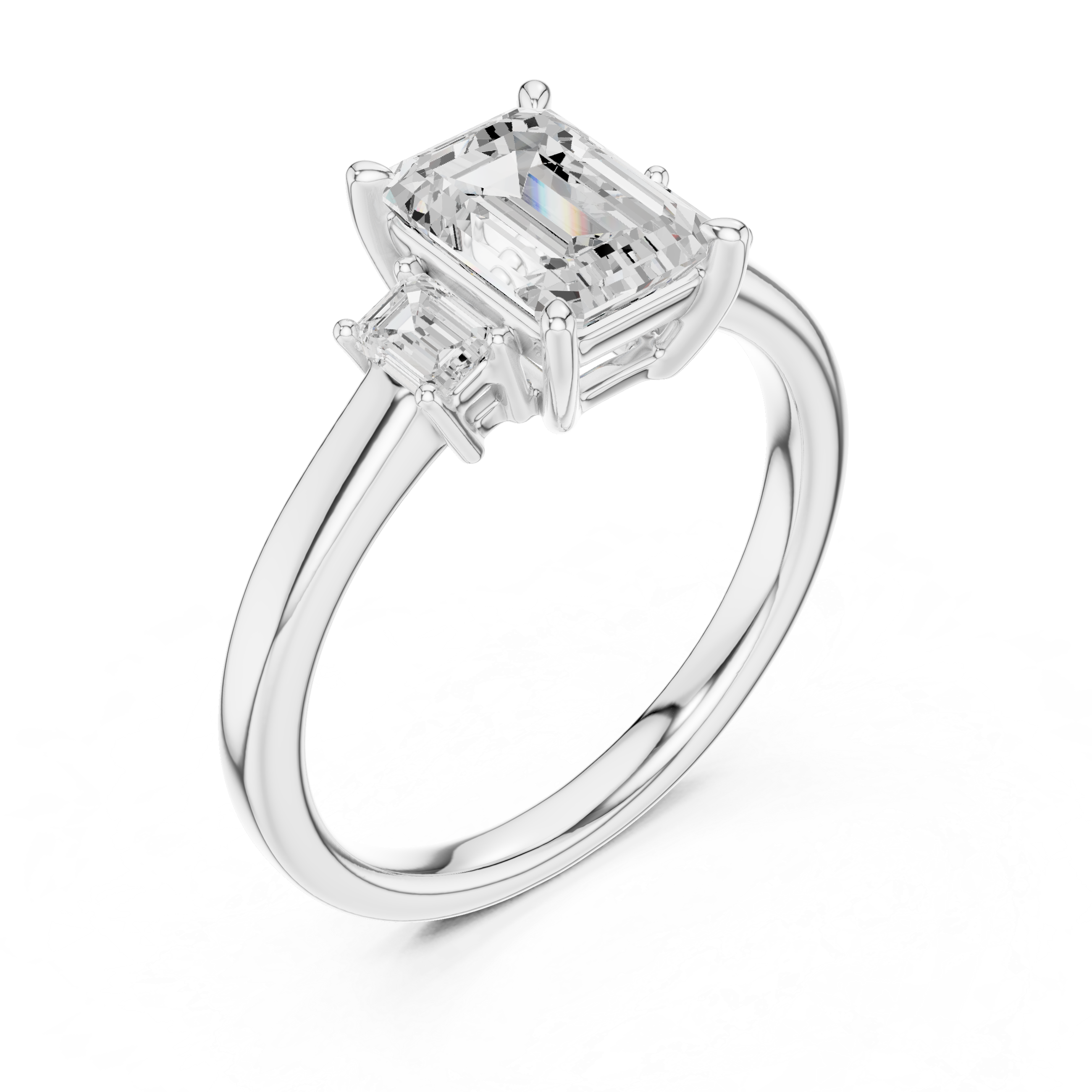14K gold engagement ring three-stone emerald cut lab diamond