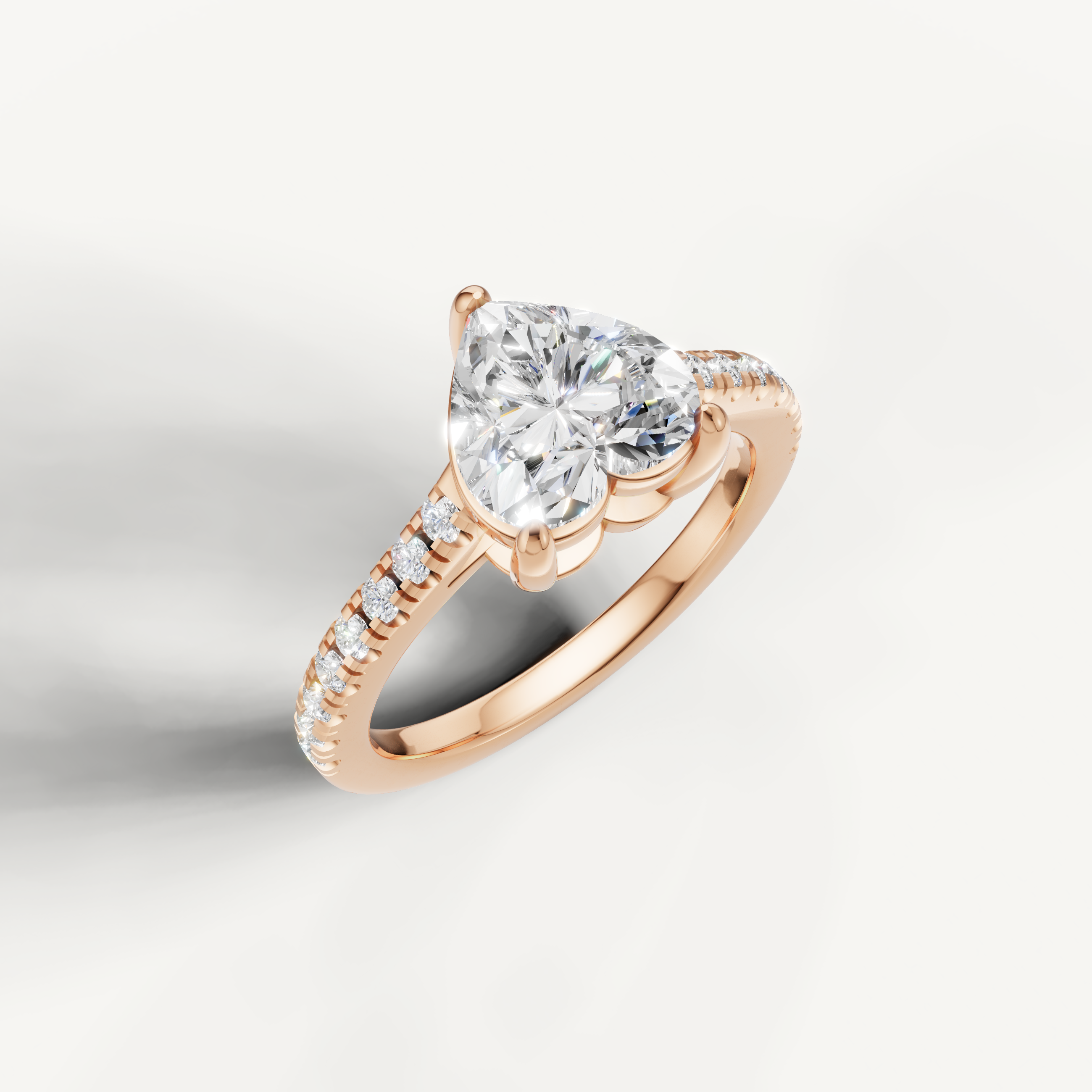 14K rose gold heart cut lab grown diamond ring with micro pavé band and romantic style