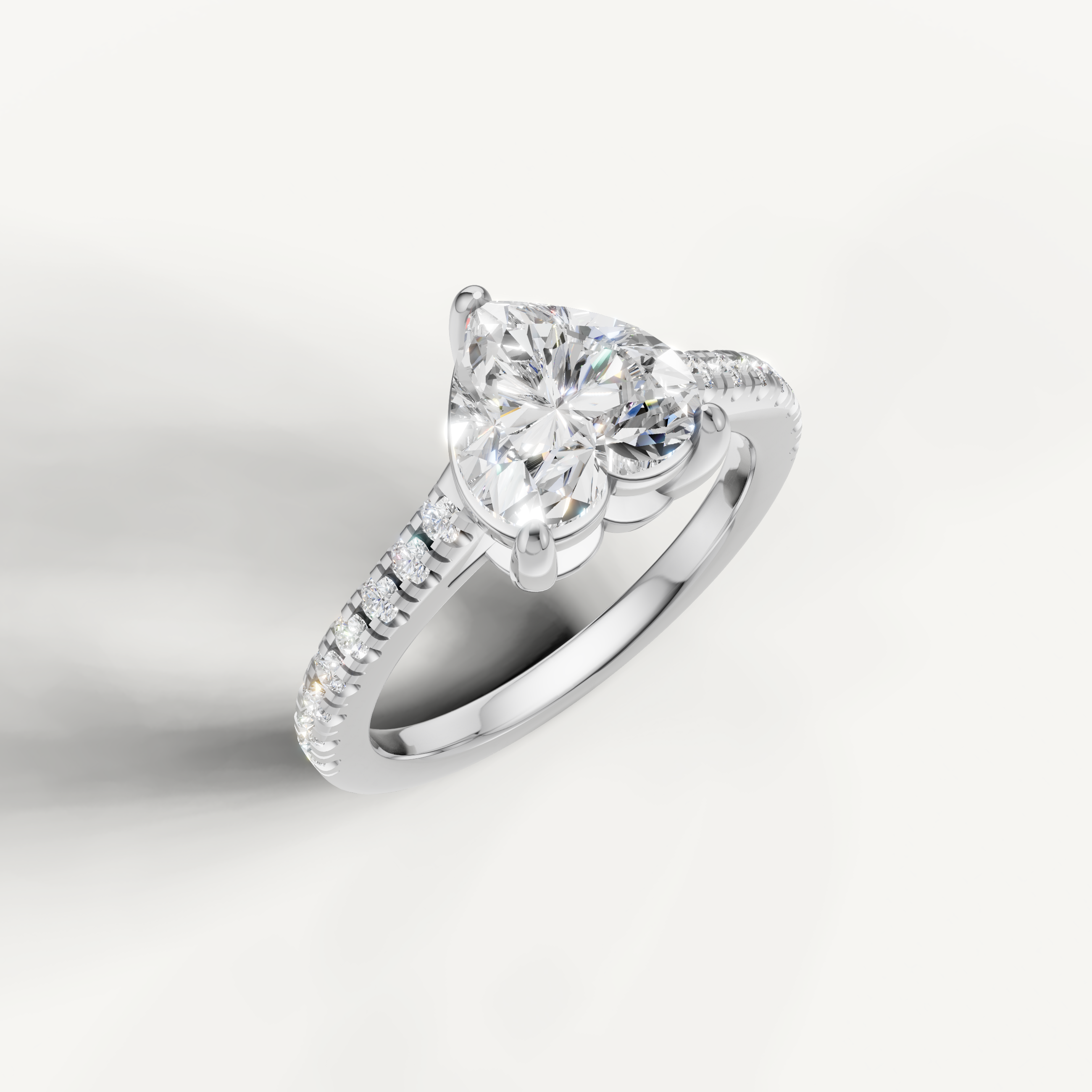 14K white gold heart cut lab grown diamond ring with micro pavé band and elegant setting