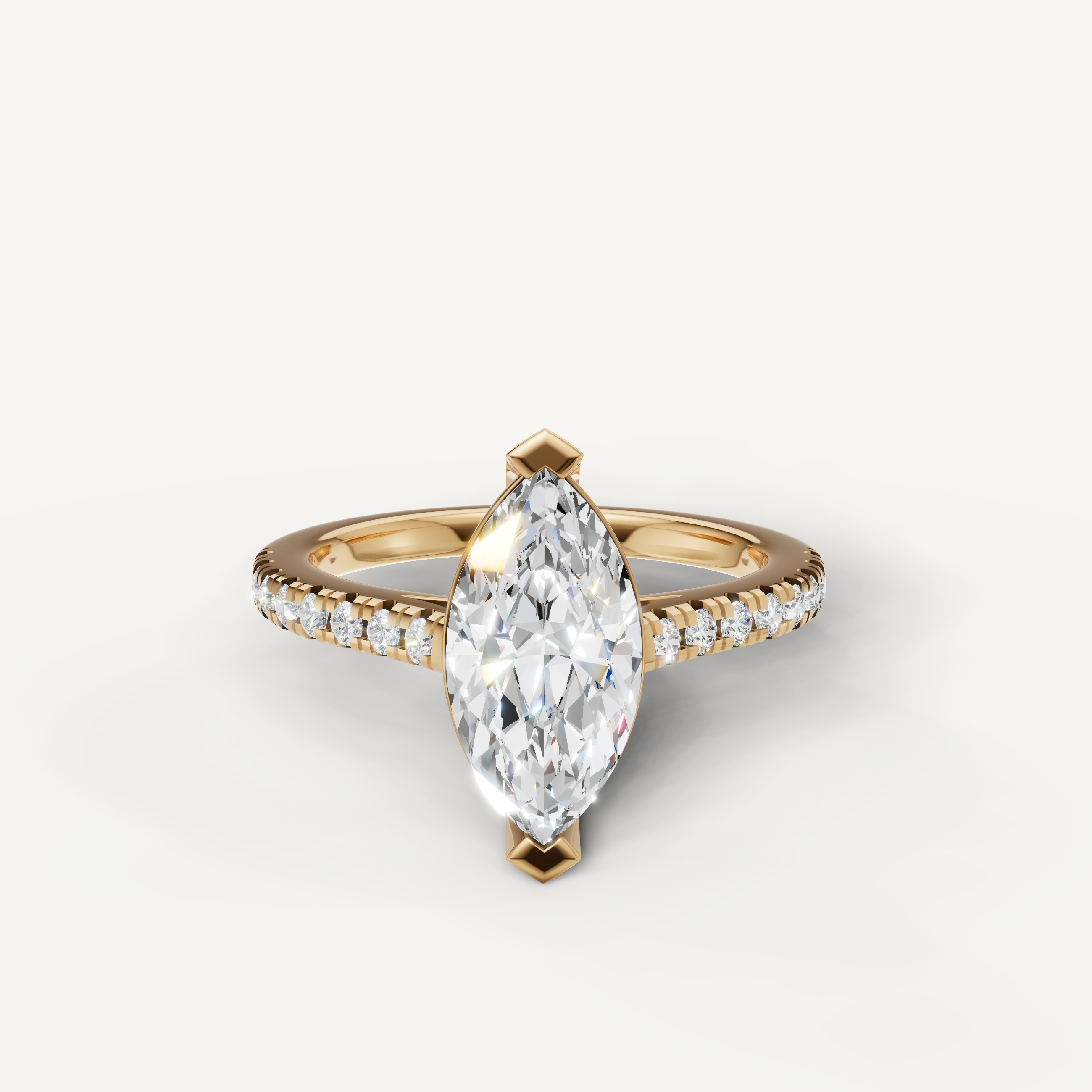 Marquise cut lab grown diamond engagement ring in 14K yellow gold with pavé band