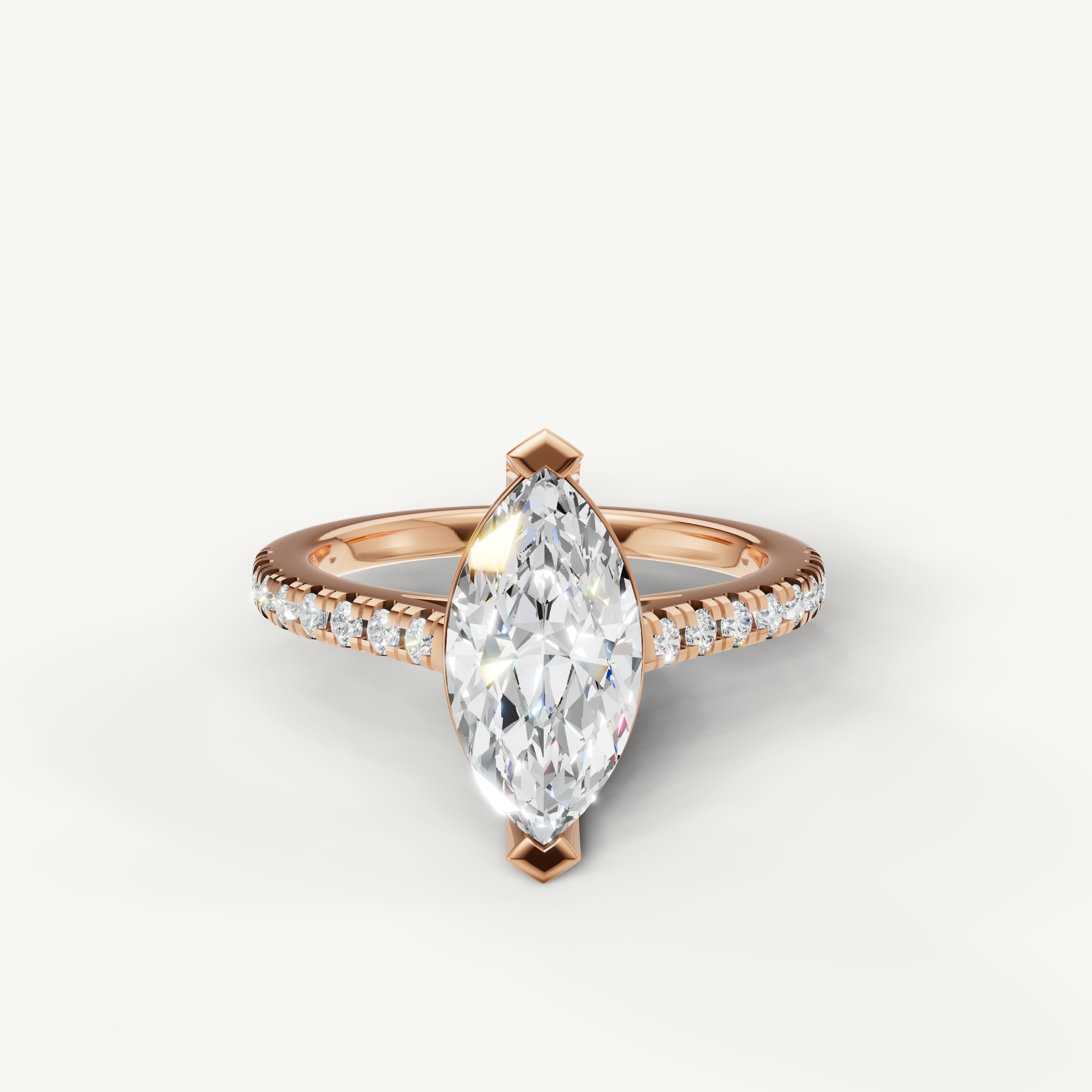 Marquise cut lab grown diamond engagement ring in 14K rose gold with pavé band