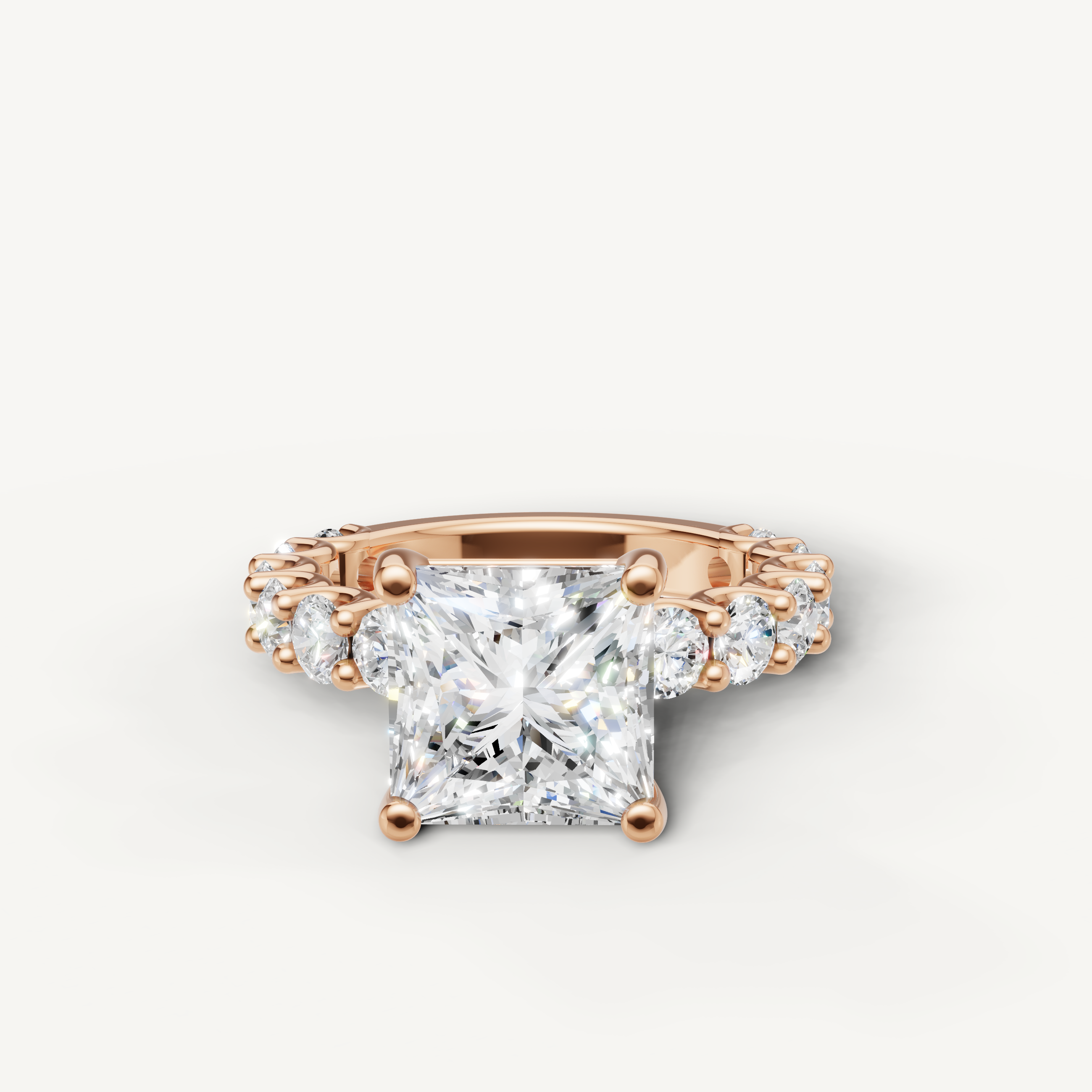 Rose gold princess cut lab grown diamond engagement ring with shared prong round diamond eternity band by Raul Diamonds