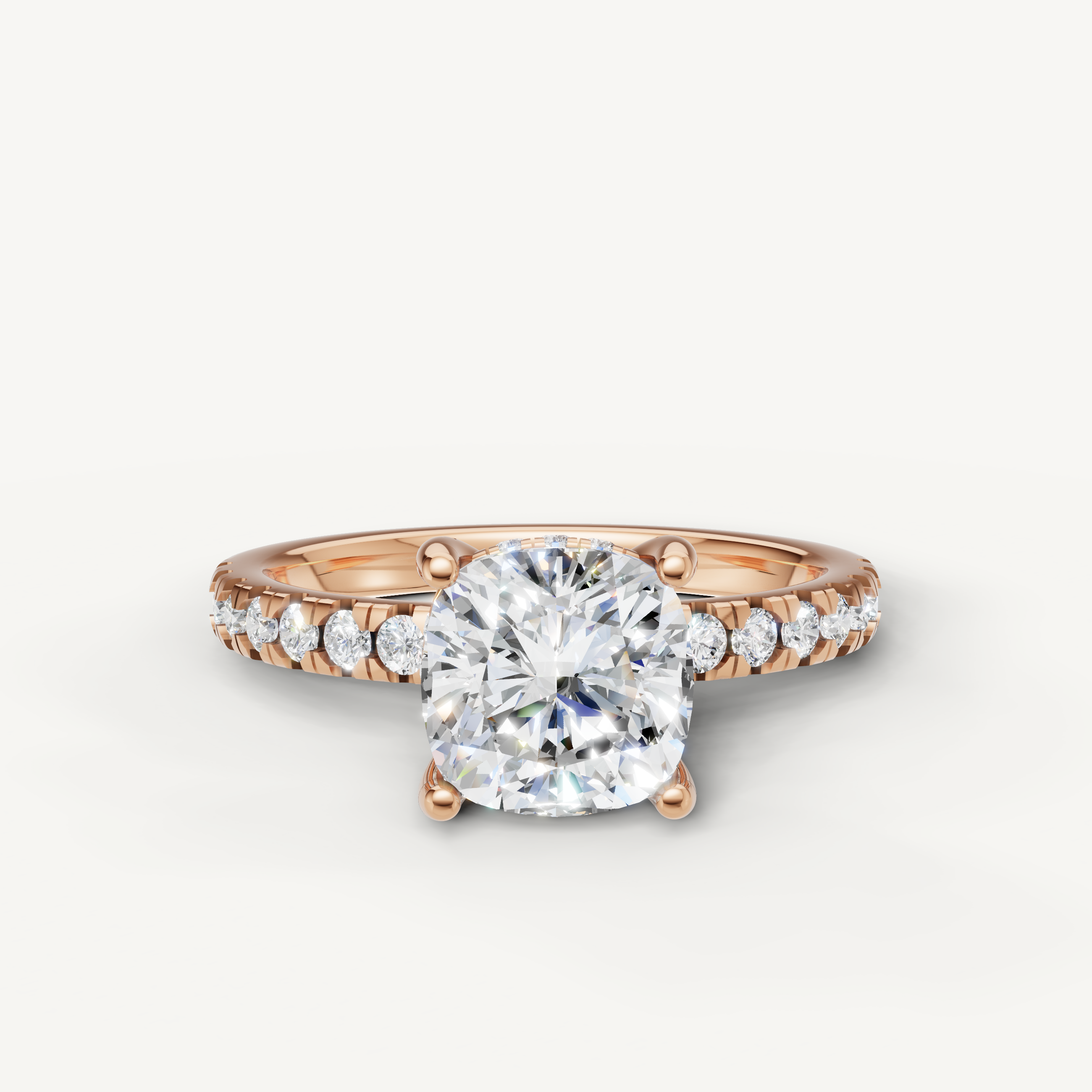 Raul Diamonds rose gold cushion cut diamond engagement ring with pavé band