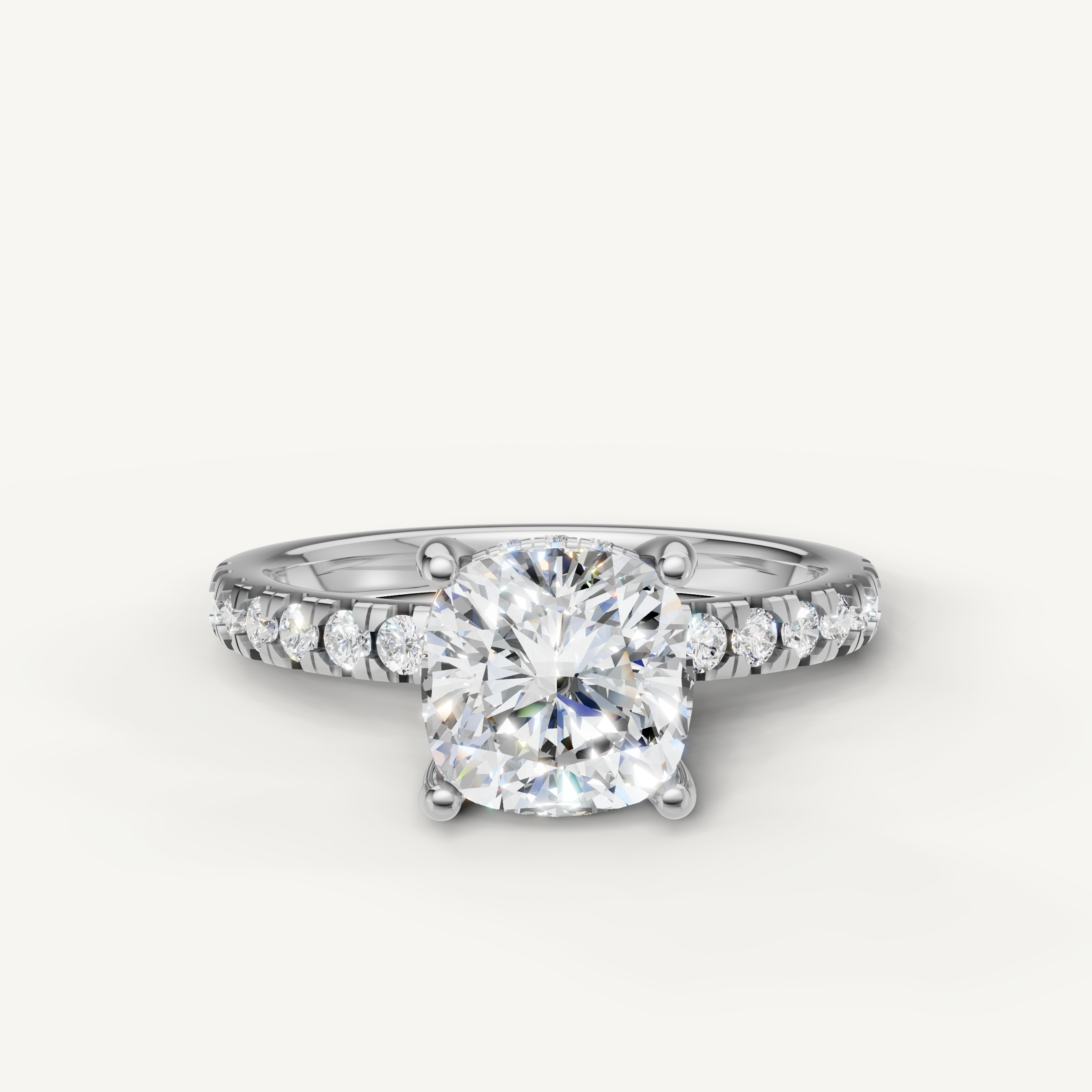 Raul Diamonds white gold cushion cut diamond engagement ring with pavé diamond band