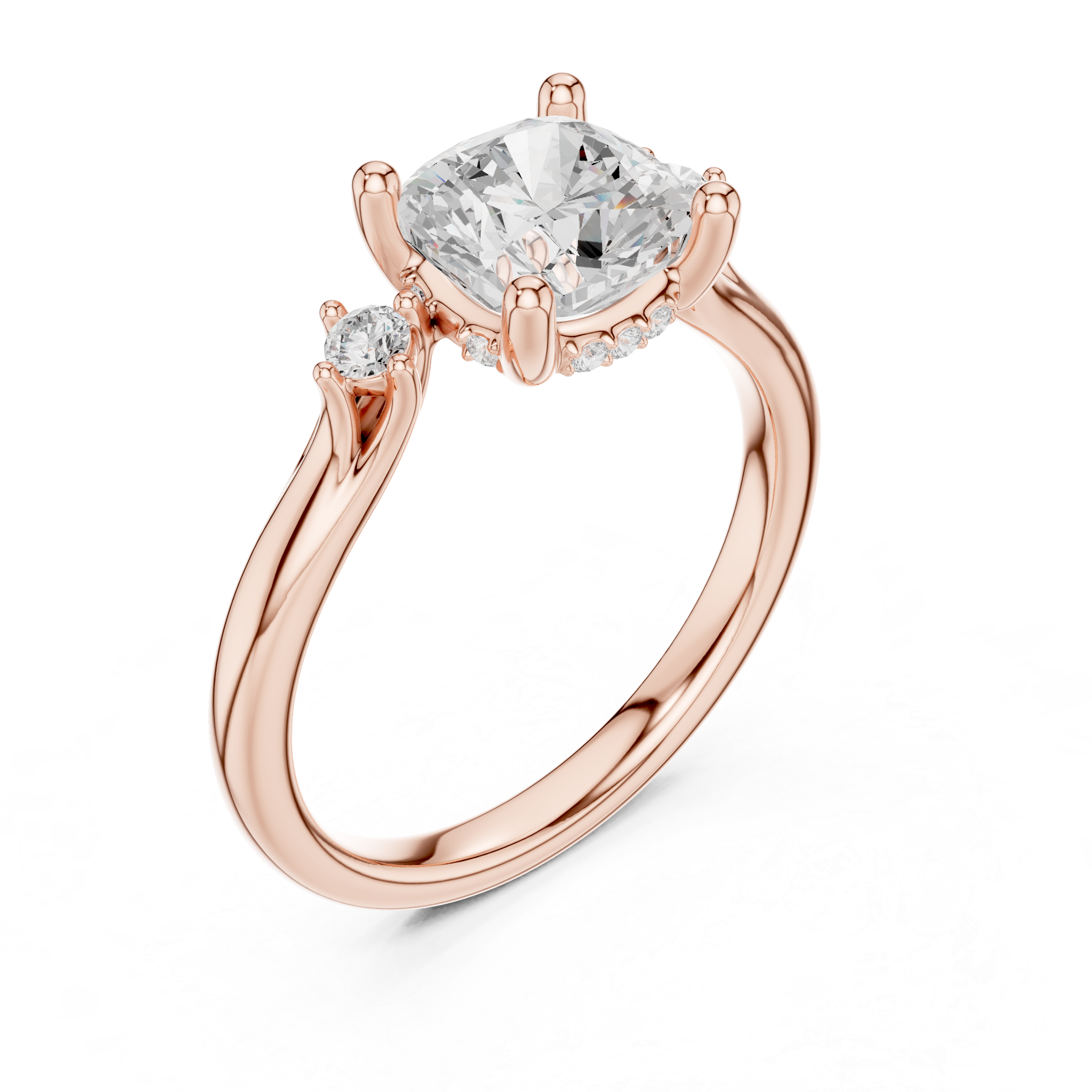 Three Stone Cushion Lab-Grown Diamond Engagement Ring with Hidden Halo