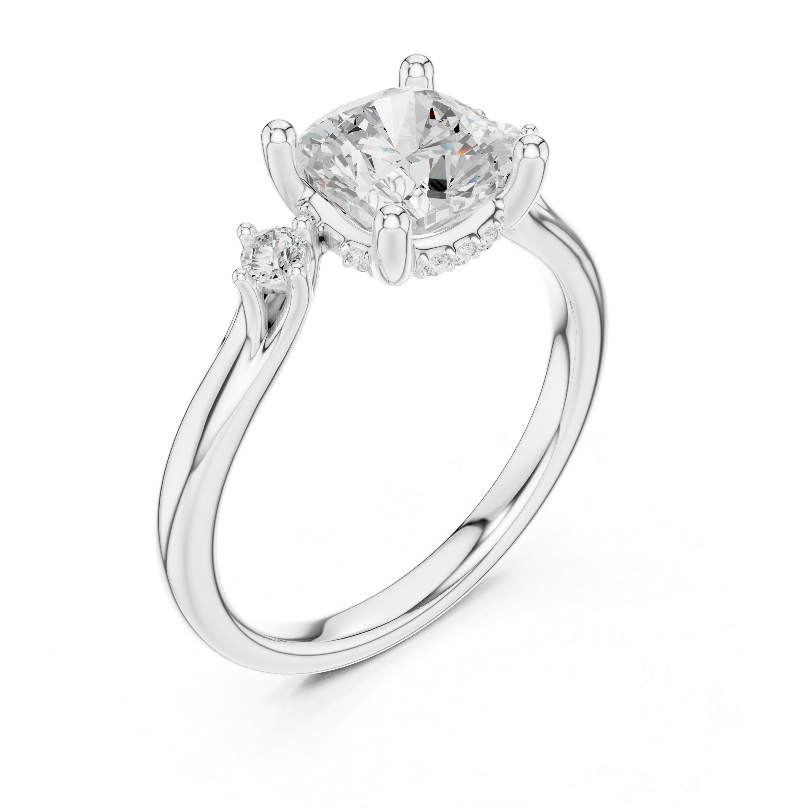 Three Stone Cushion Lab-Grown Diamond Engagement Ring with Hidden Halo