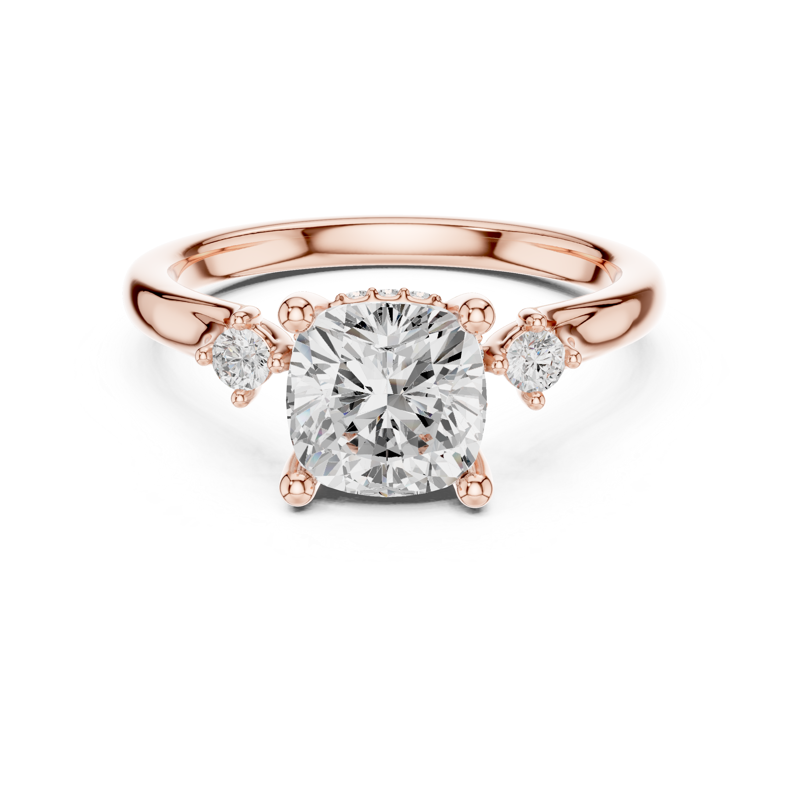 Three Stone Cushion Lab-Grown Diamond Engagement Ring with Hidden Halo