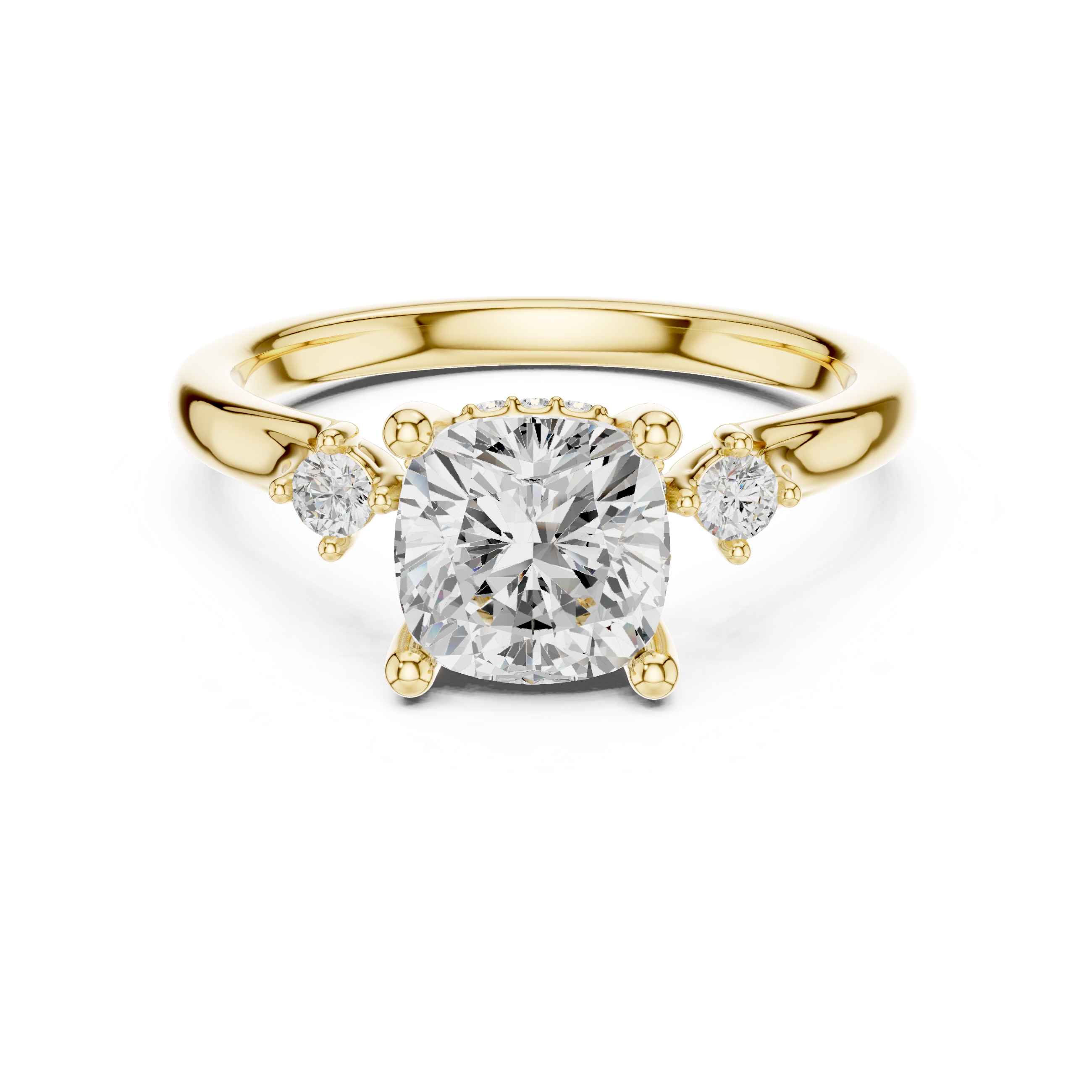 Three Stone Cushion Lab-Grown Diamond Engagement Ring with Hidden Halo