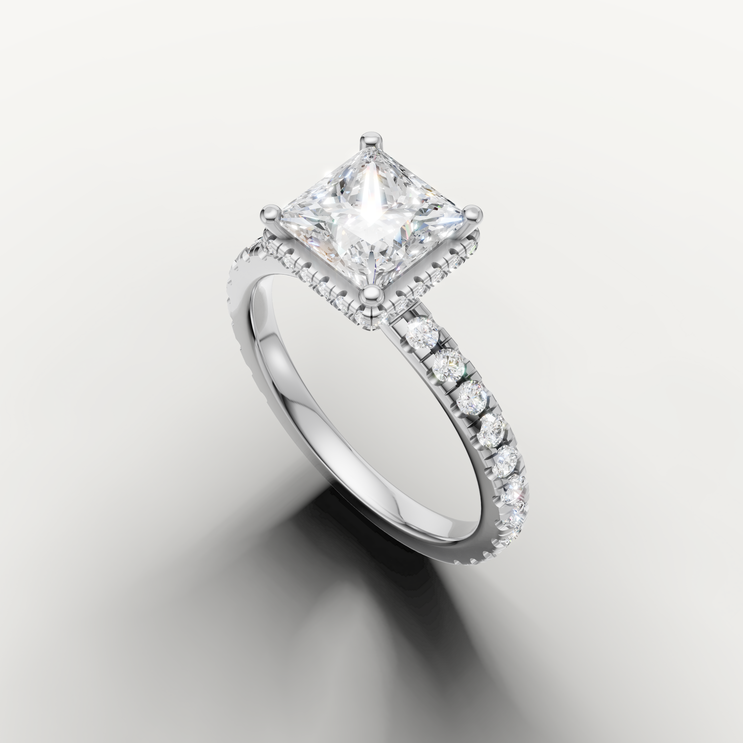14k white gold princess cut lab grown diamond engagement ring featuring hidden halo sparkle and fine pavé band