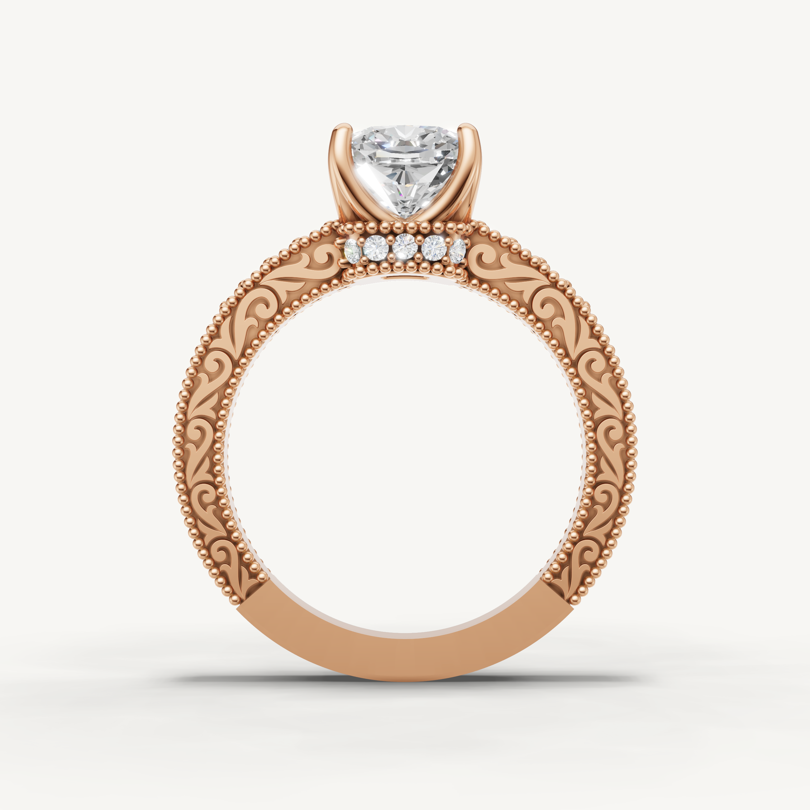 Round lab grown diamond engagement ring in polished rose gold with vintage inspired band by Raul Diamonds