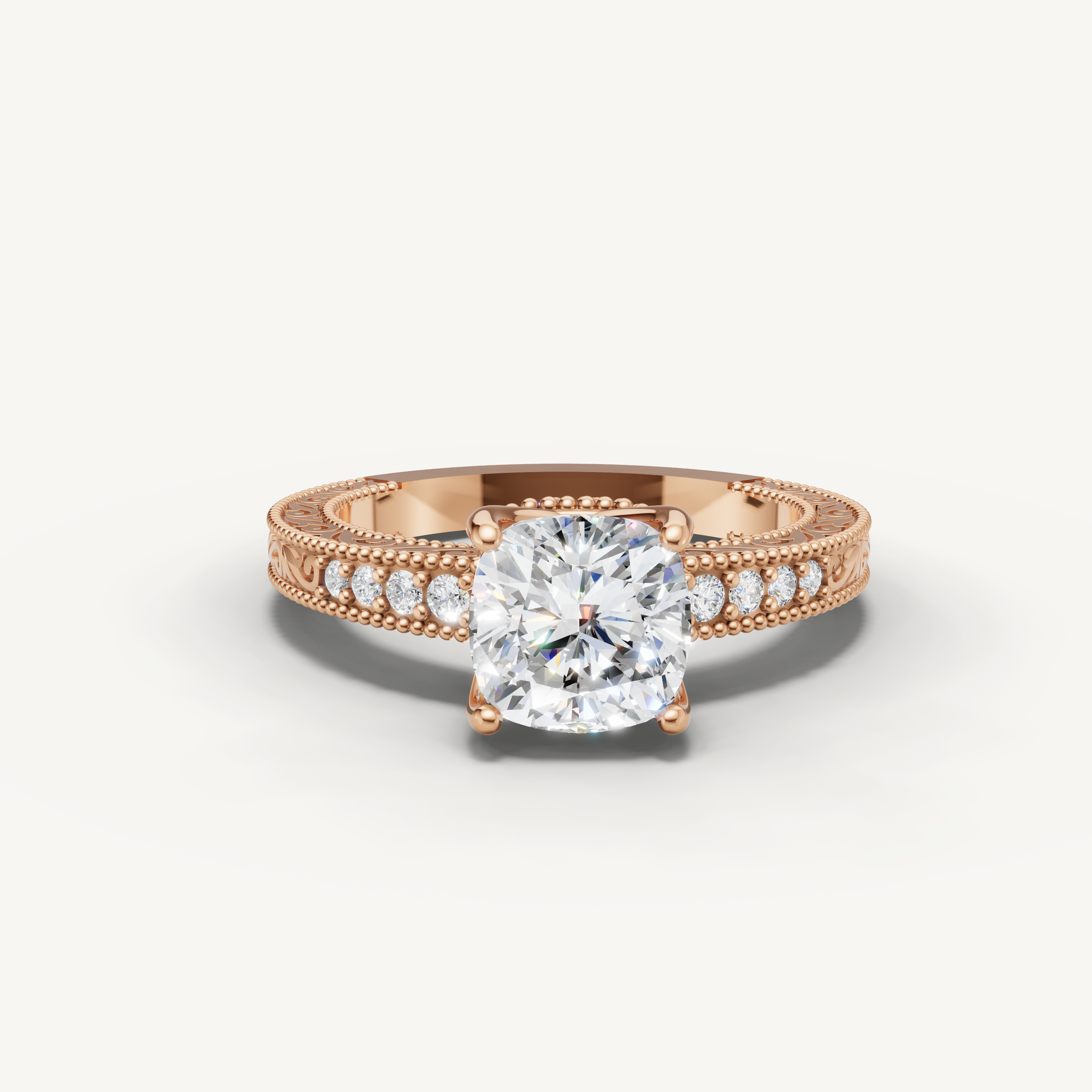 Rose gold round cut lab grown diamond engagement ring with vintage milgrain detailing by Raul Diamonds