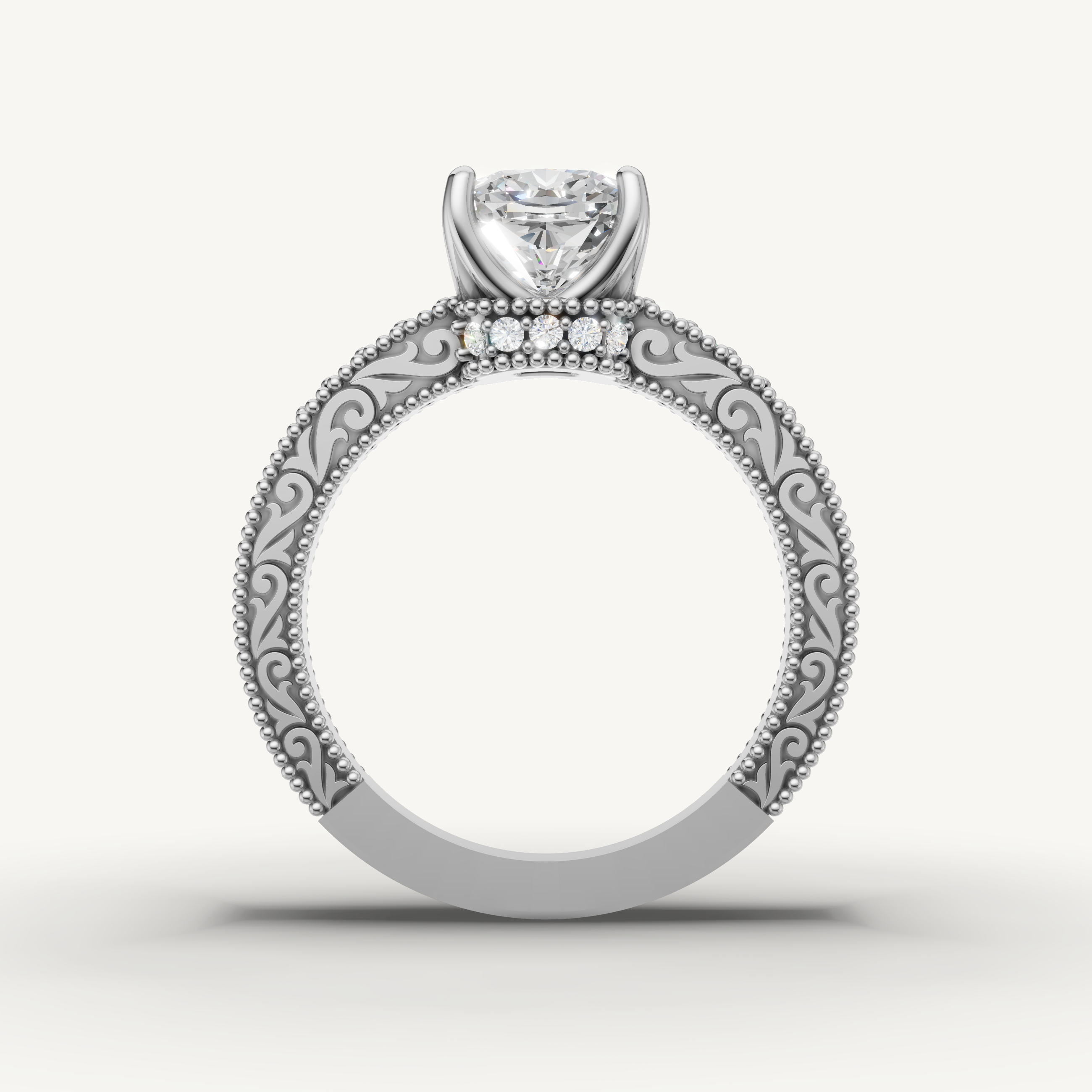 Round lab grown diamond engagement ring in polished white gold with refined bridal elegance by Raul Diamonds