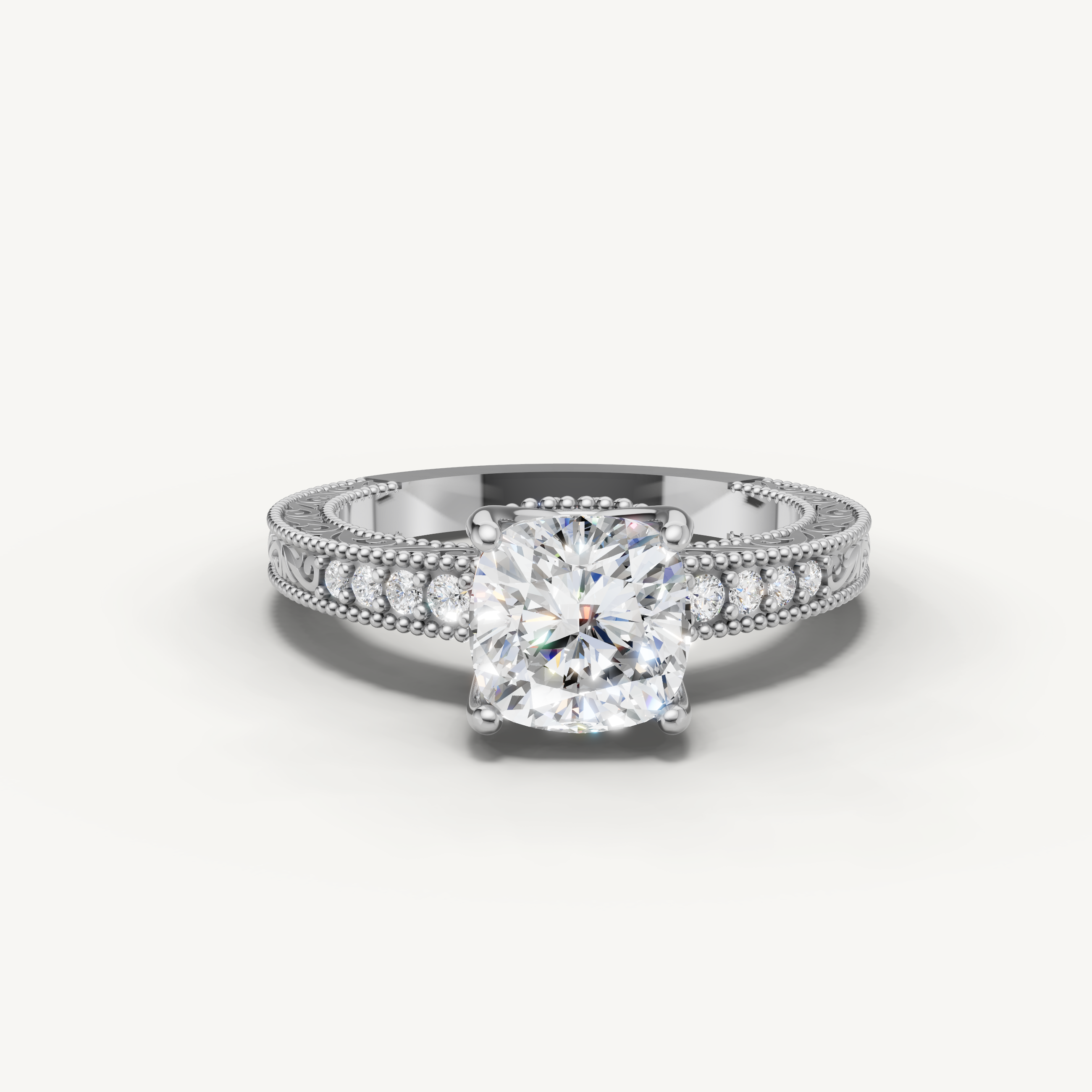 White gold round cut lab grown diamond engagement ring with milgrain pavé band by Raul Diamonds
