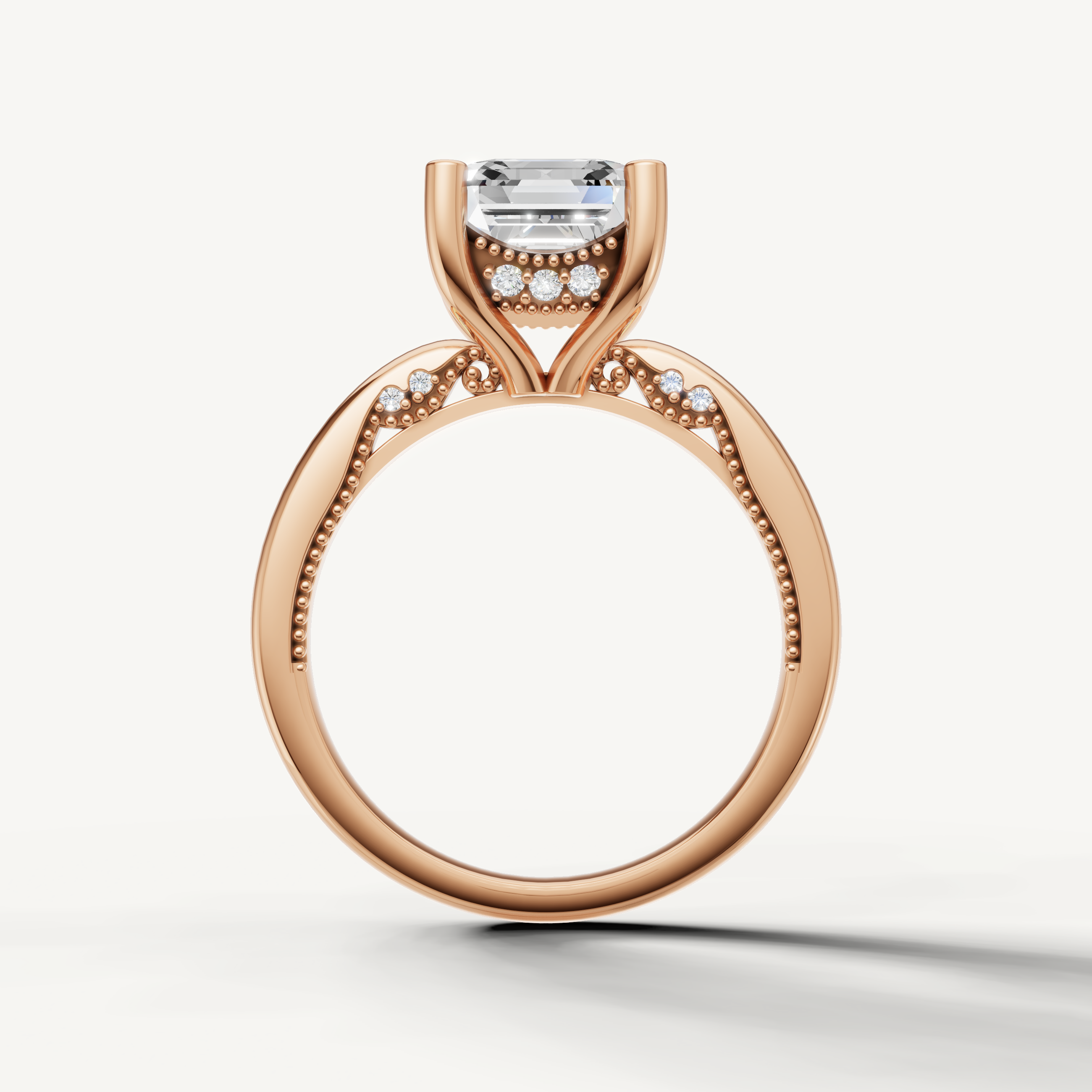 Elegant rose gold asscher cut solitaire engagement ring with refined vintage detailing