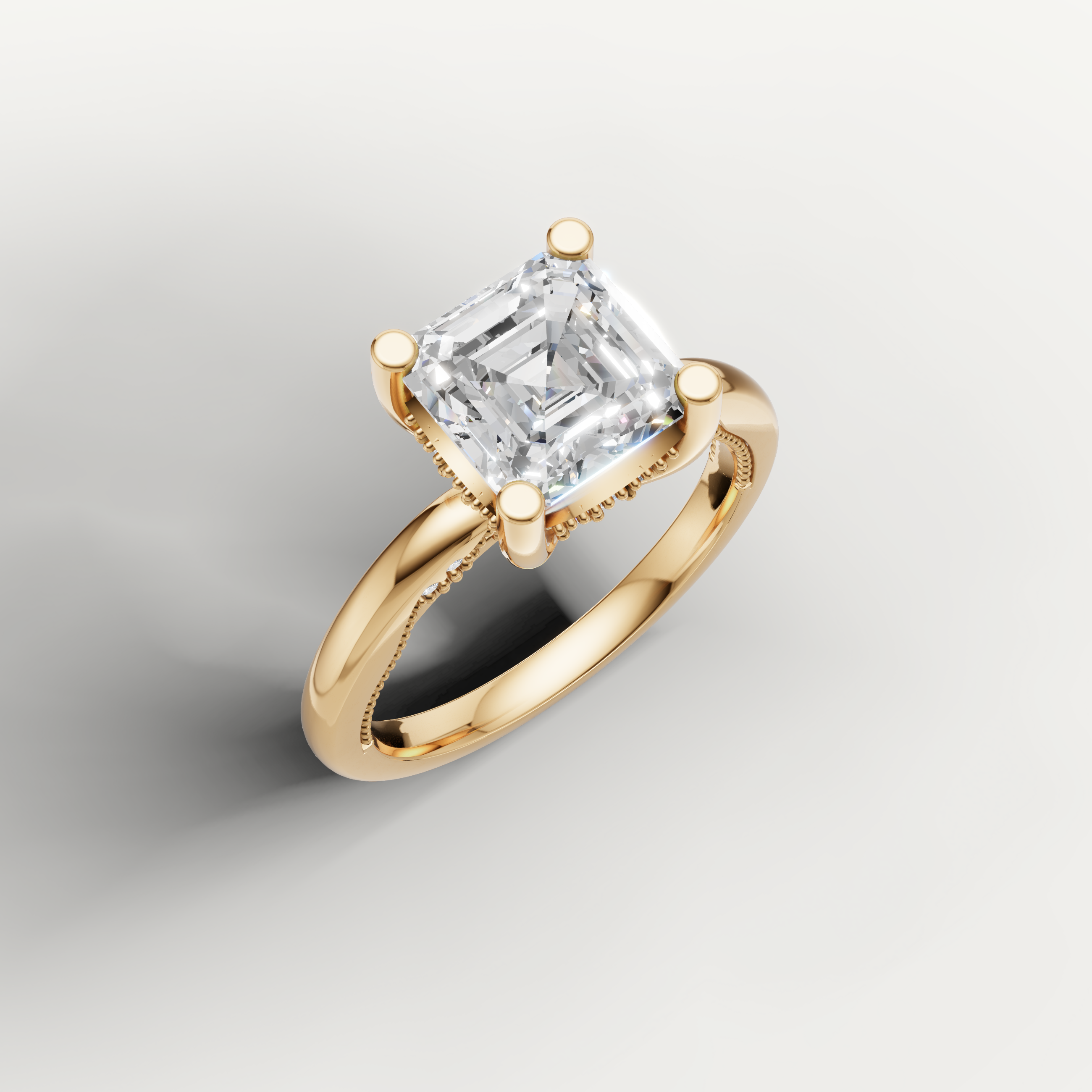Yellow gold asscher cut diamond engagement ring with classic polished band by Raul Diamonds