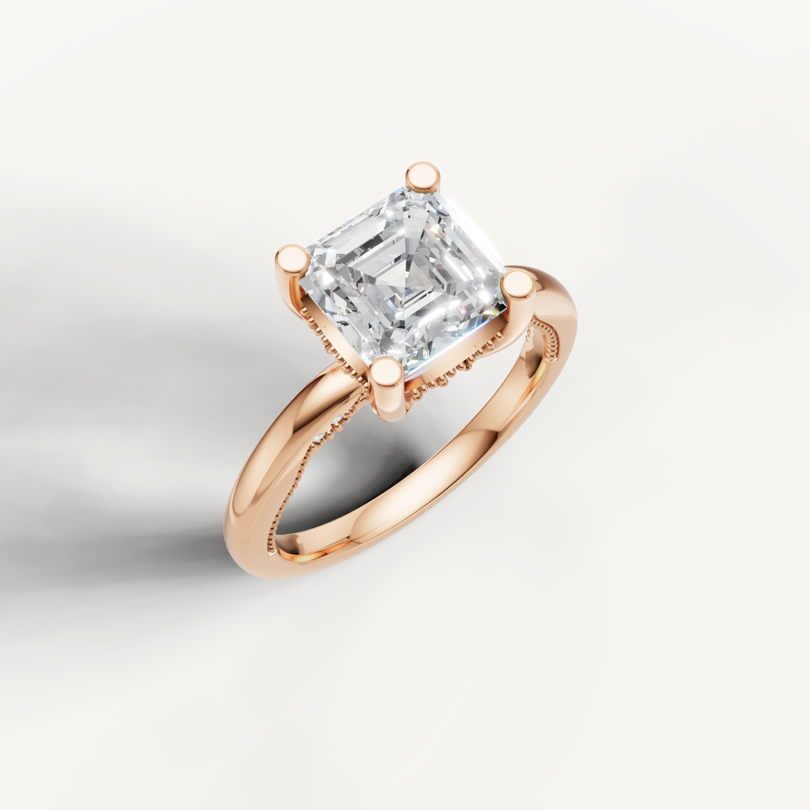 Rose gold asscher cut diamond engagement ring with polished band by Raul Diamonds