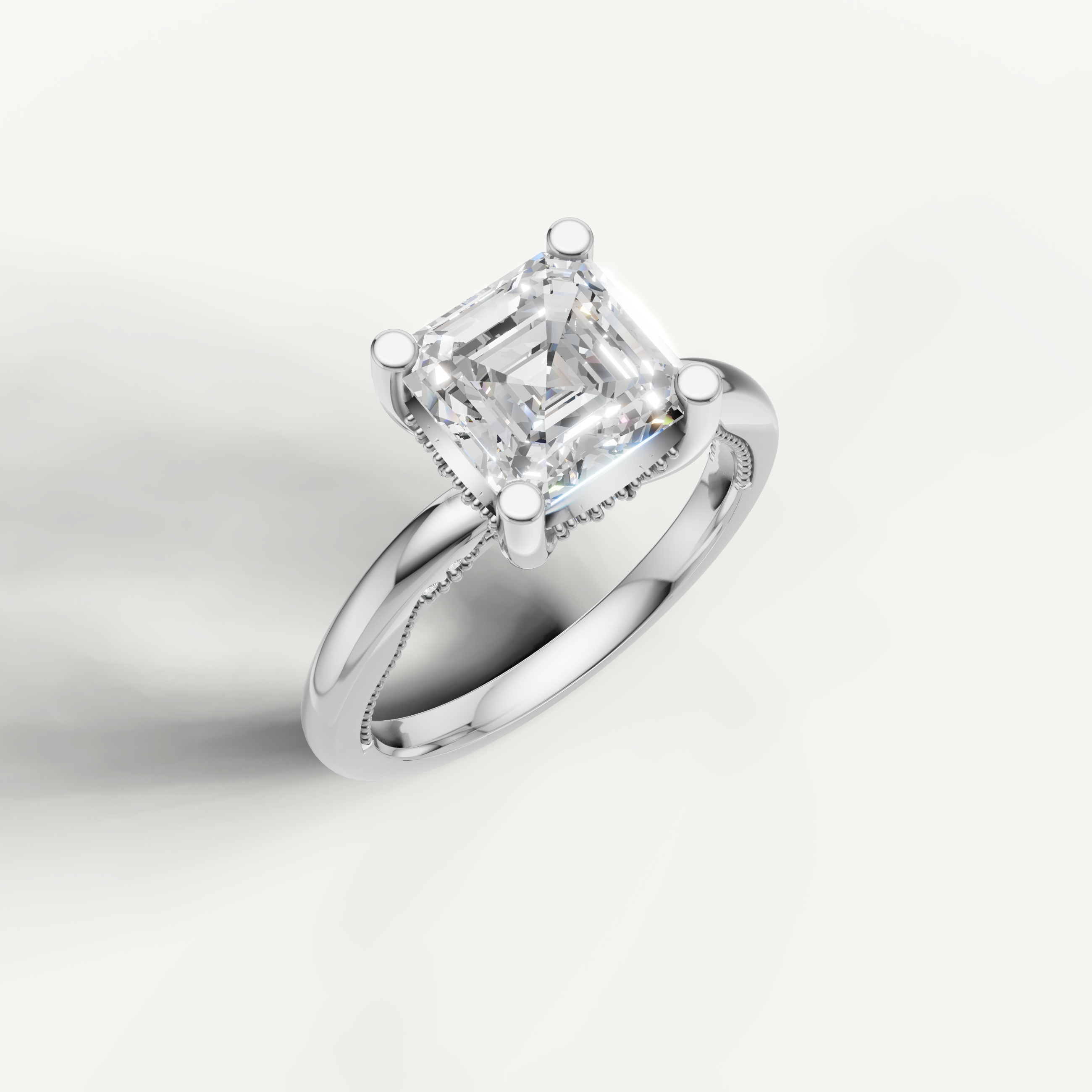 White gold asscher cut diamond engagement ring with sleek polished band by Raul Diamonds