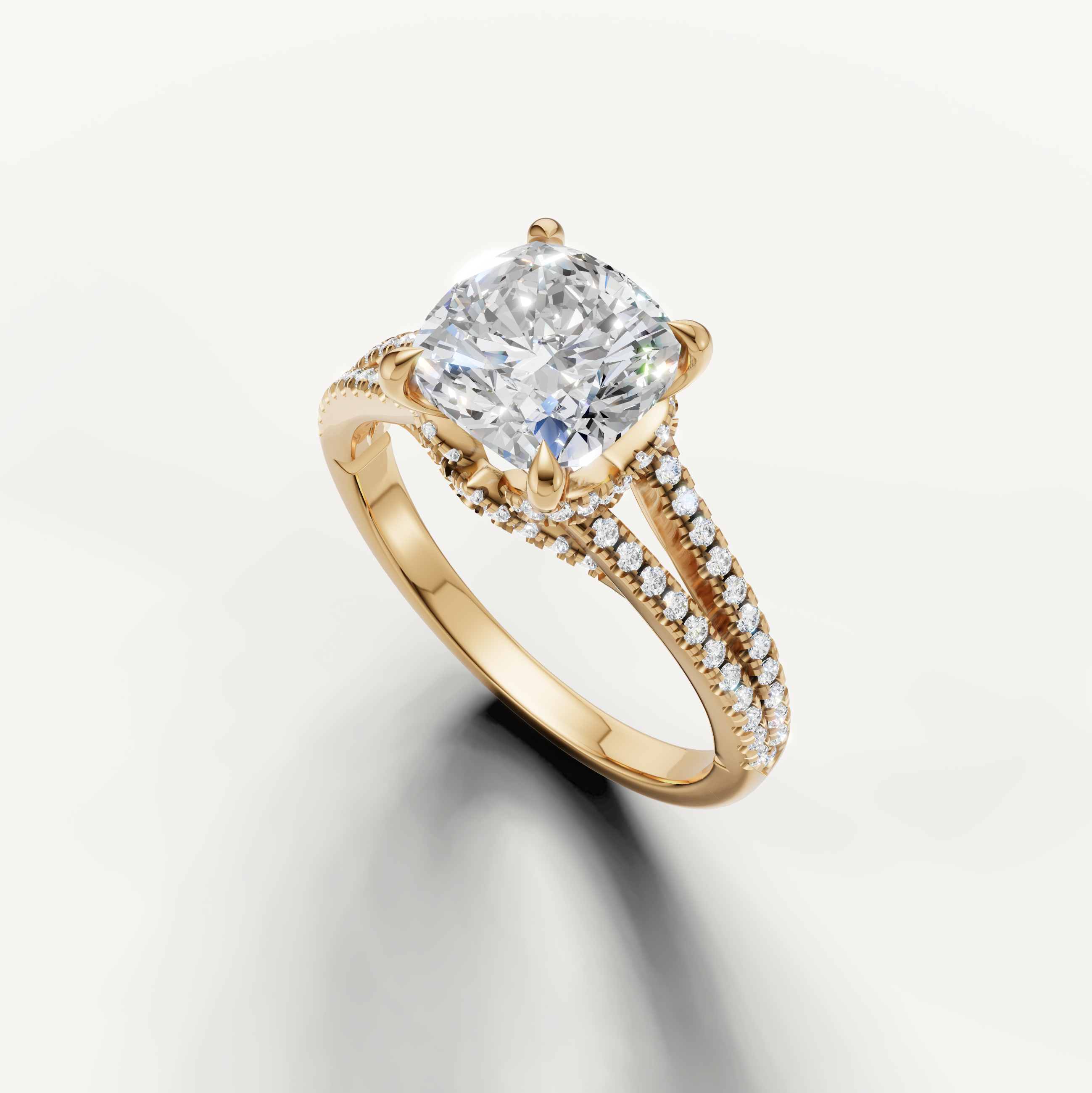 Cushion Cut Lab Grown Diamond Ring in Yellow Gold with Double Pavé Setting – Raul Diamonds