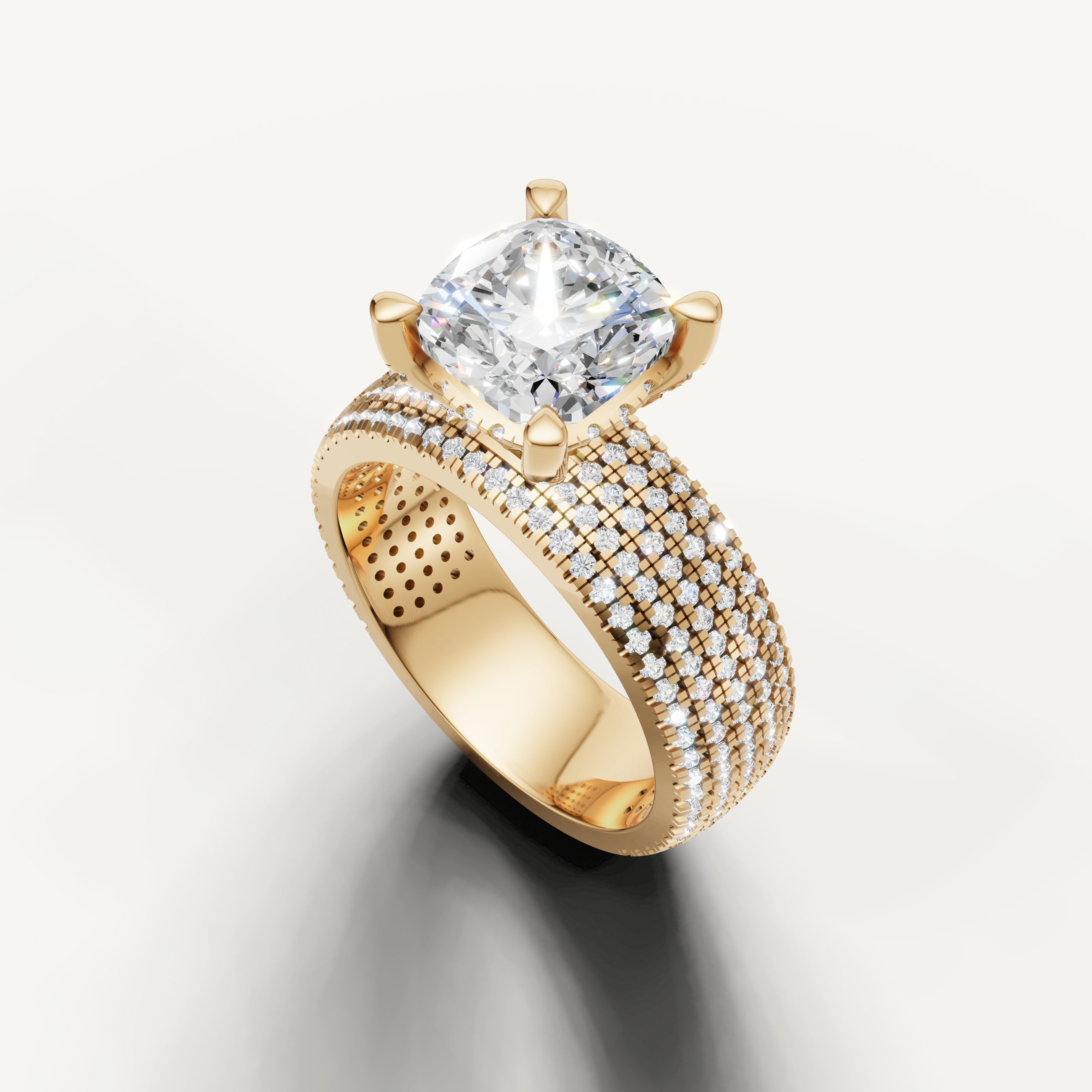 Yellow Gold Cushion Solitaire Lab Grown Diamond Ring with Wide Diamond Band – Raul Diamonds