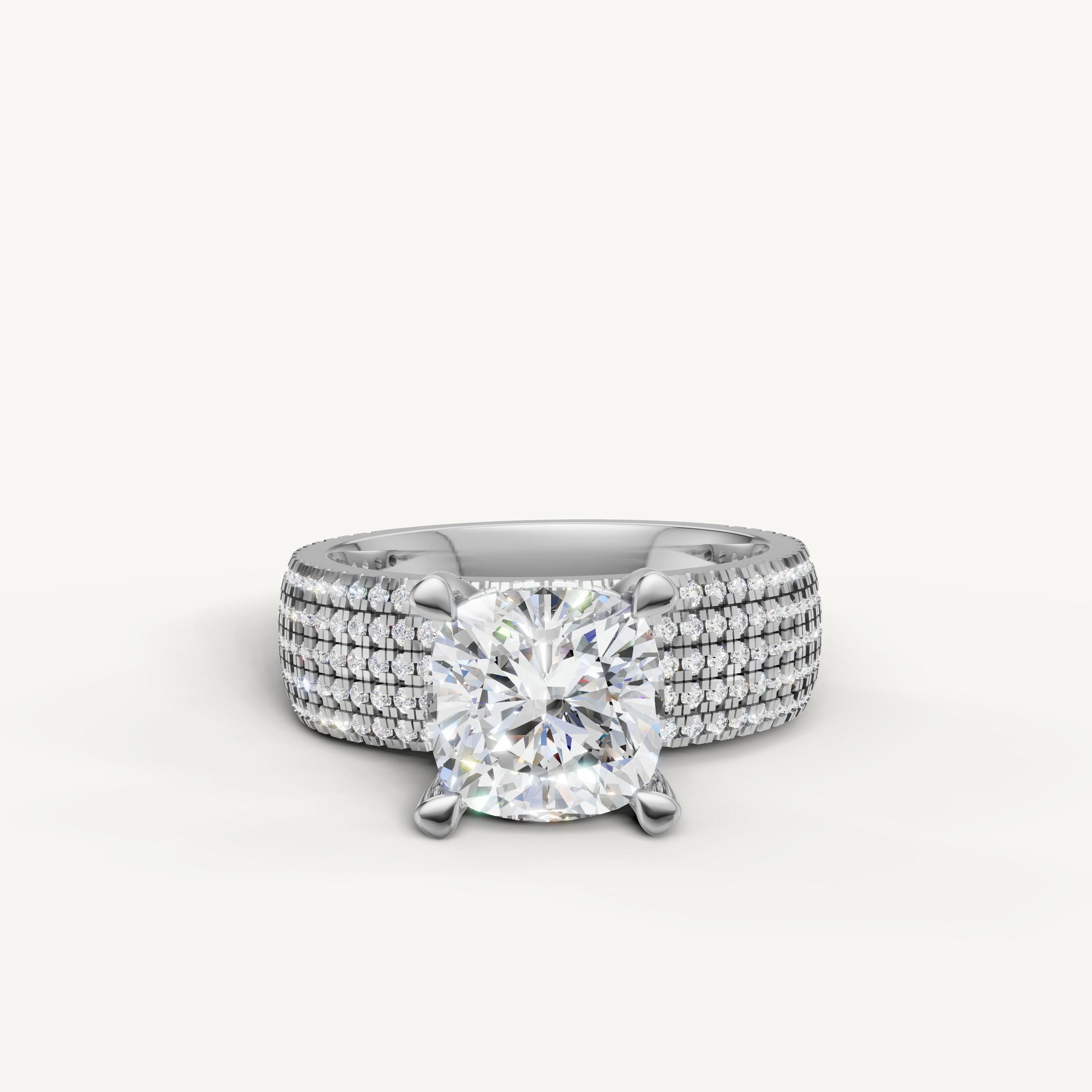 Cushion Lab Grown Diamond Engagement Ring with Triple Pavé Band in 14K White Gold – Raul Diamonds