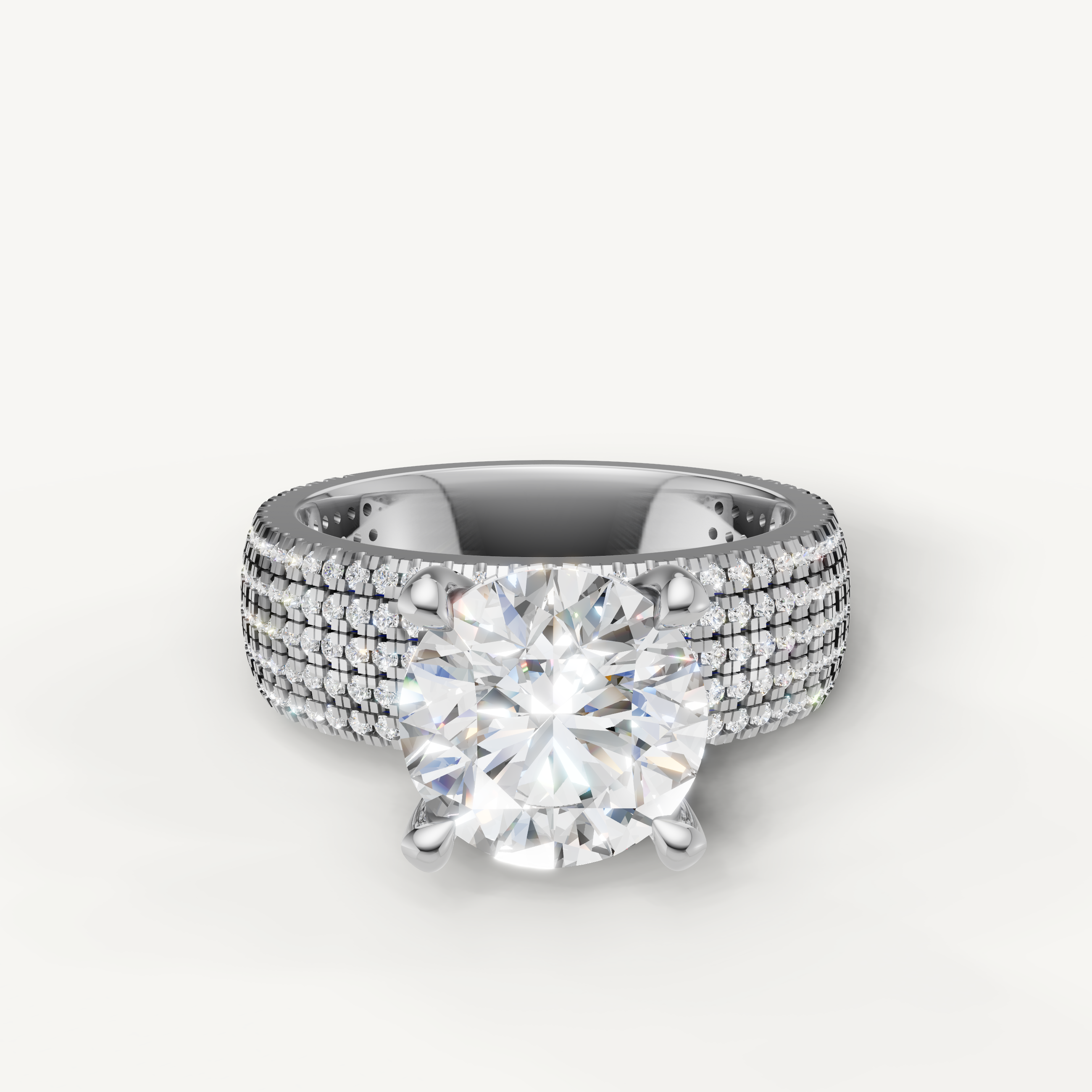 Round Lab Grown Diamond Engagement Ring with Triple Pavé Band in 14K White Gold – Raul Diamonds