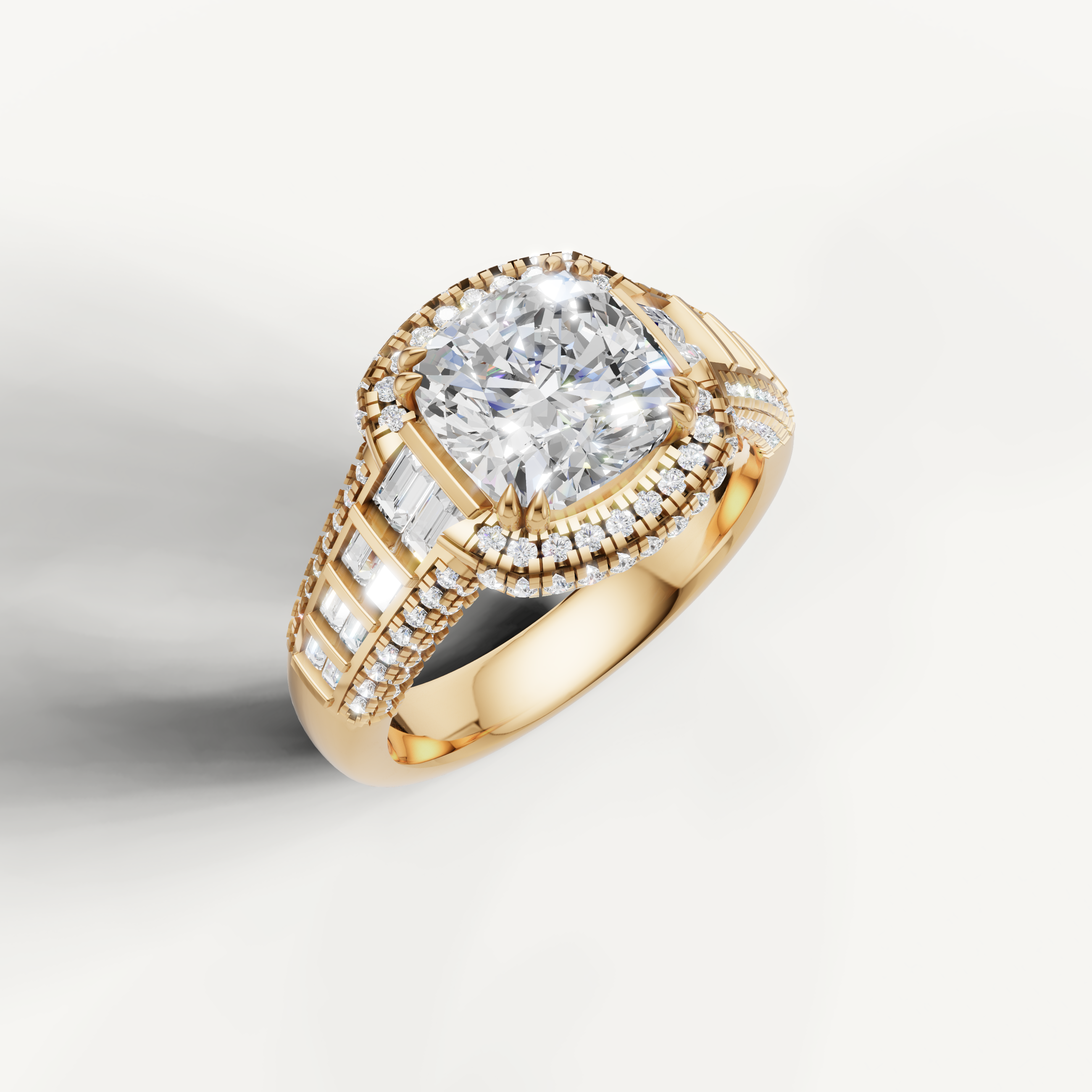 14K Yellow Gold Asscher Lab Diamond Ring with Double Halo and Baguette Side Stones – Raul Diamonds