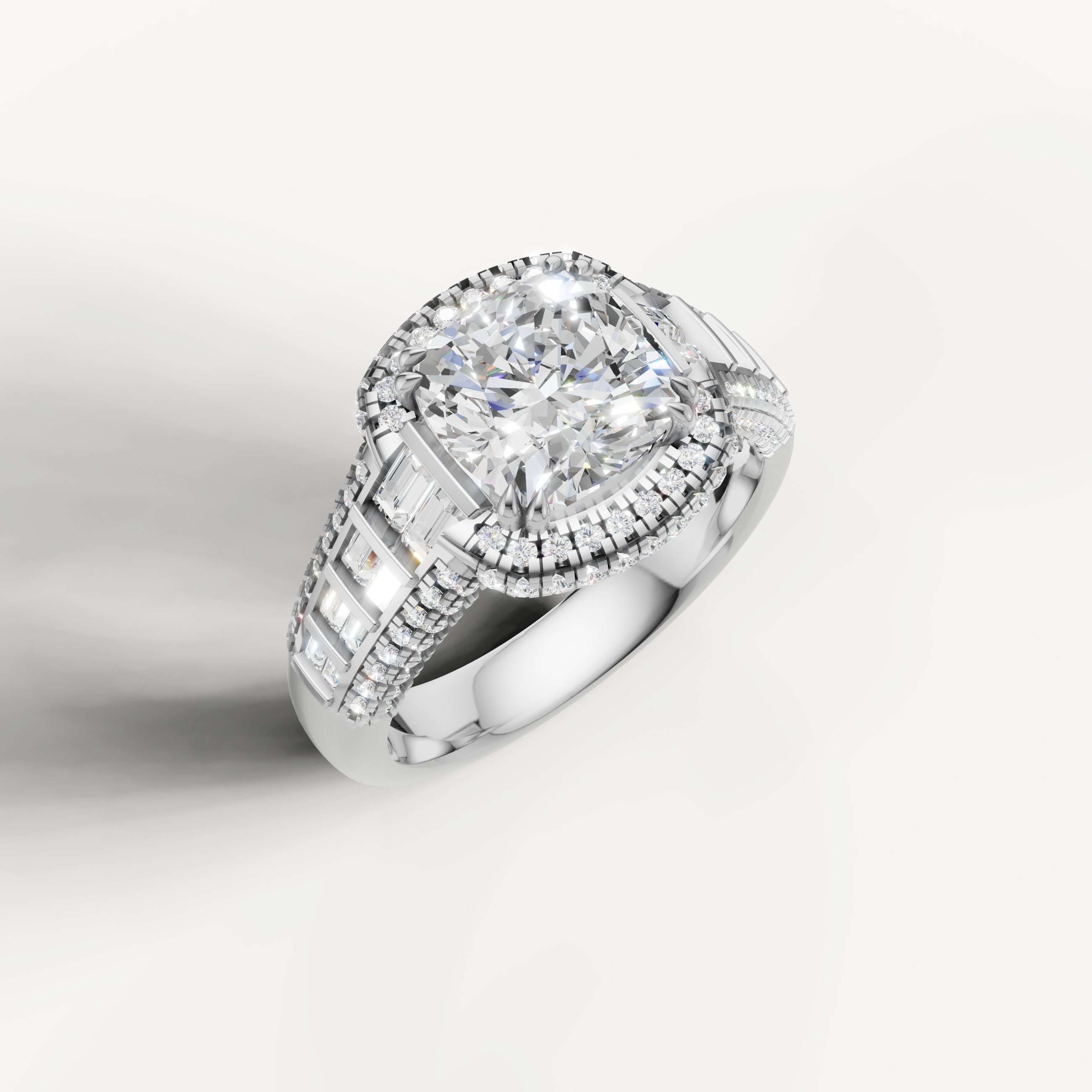 White Gold Asscher Lab Diamond Ring with Double Halo and Baguette Accents – Raul Diamonds