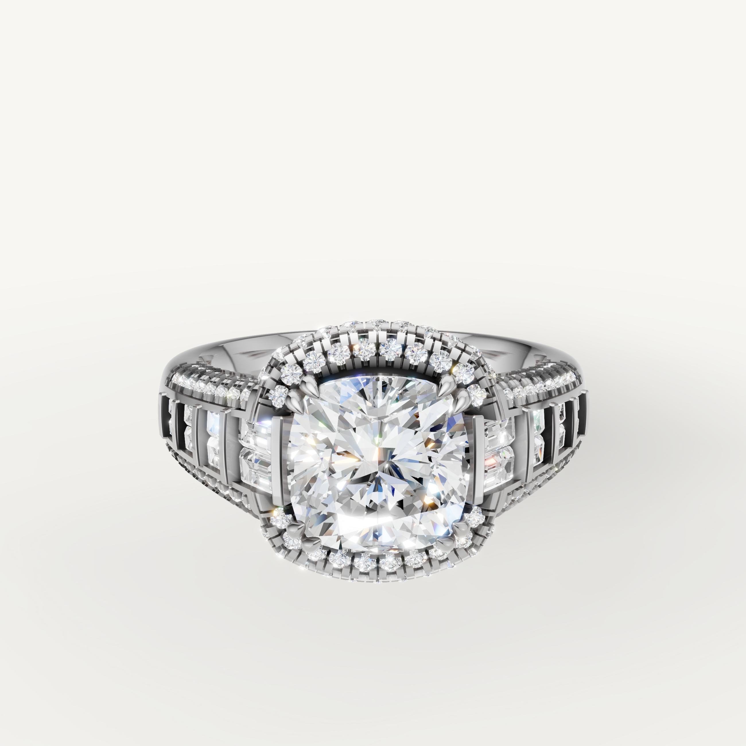 Raul Diamonds white gold cushion cut halo engagement ring with baguette diamond accents