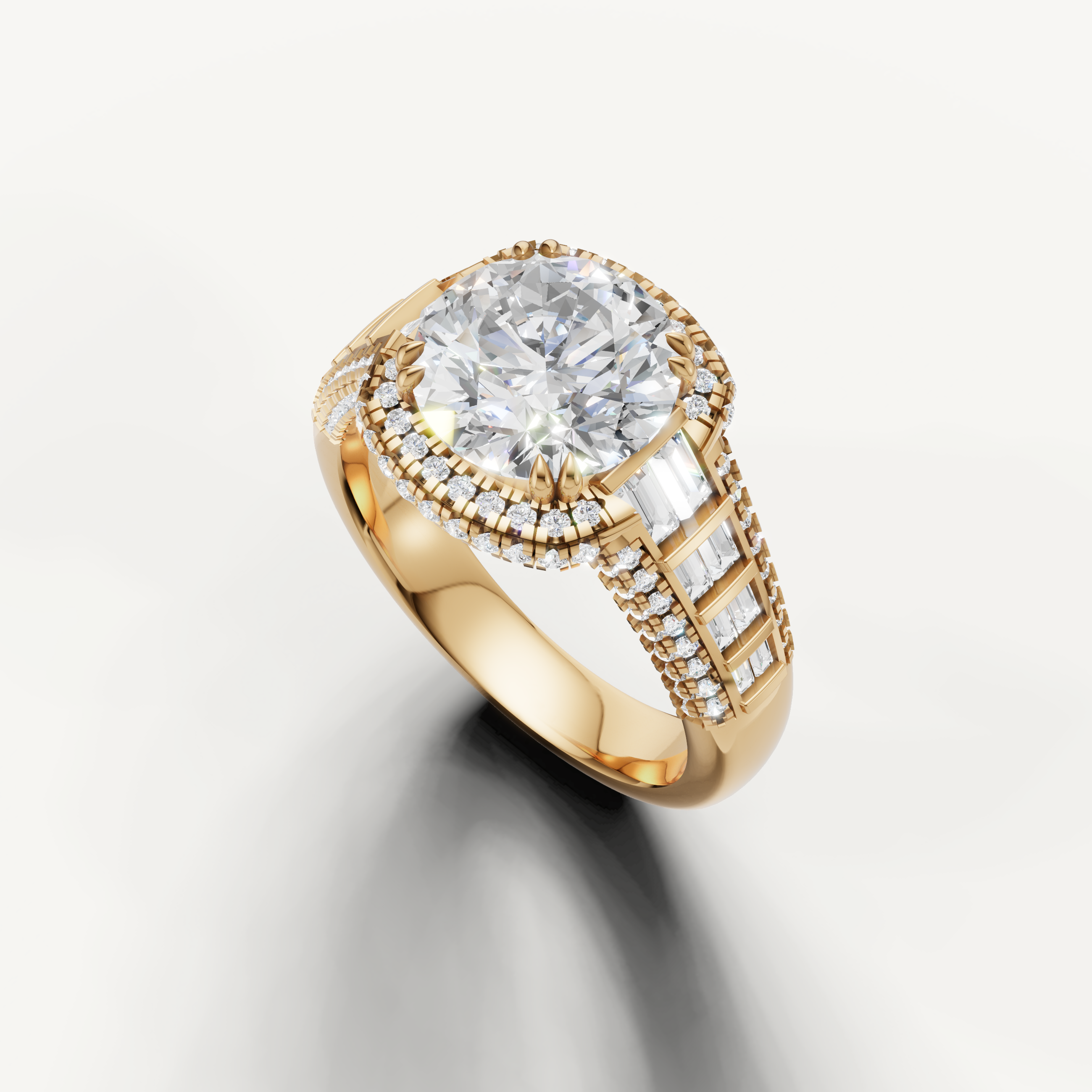 Yellow Gold Round Brilliant Diamond Ring with Pavé Halo – Raul Diamonds