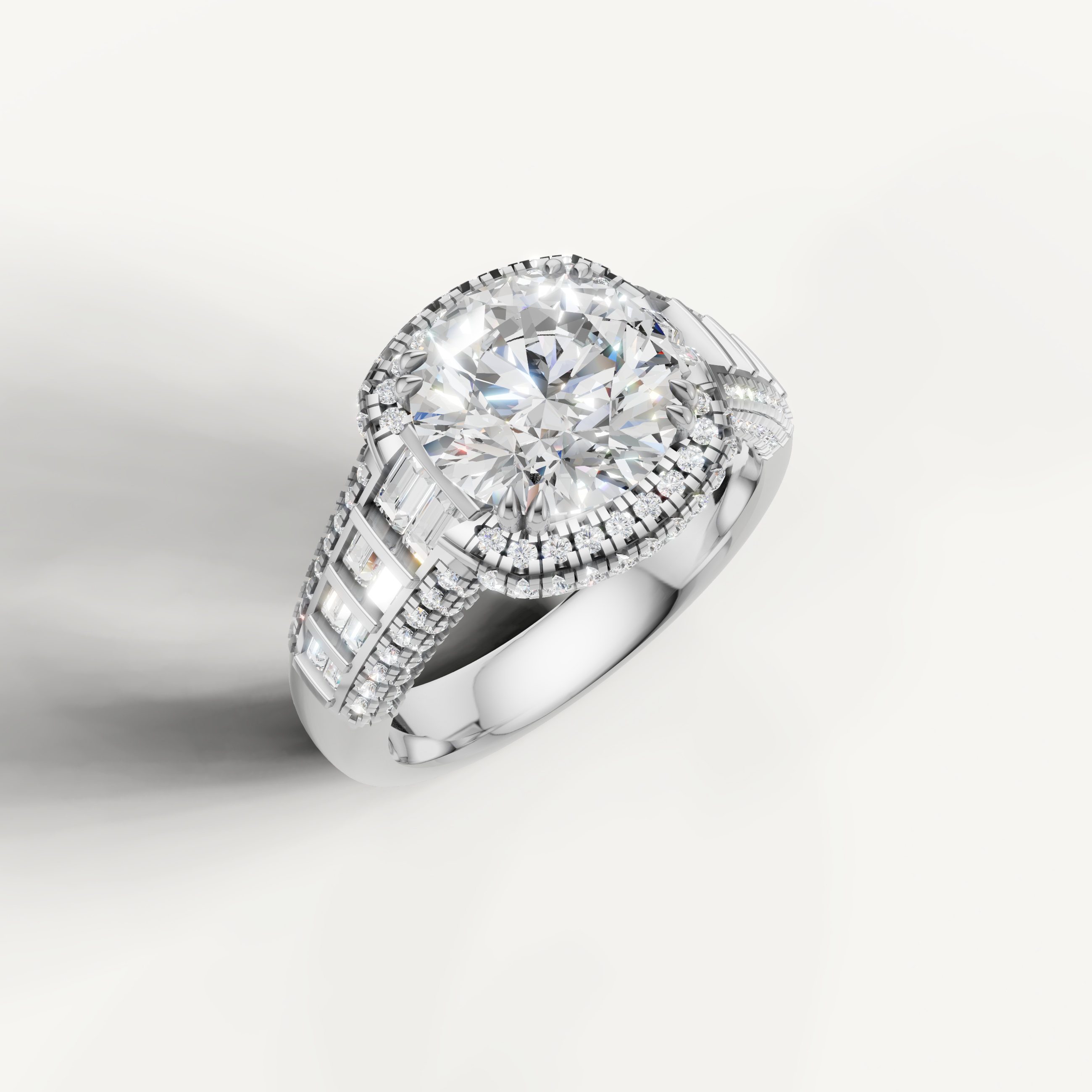 White Gold Round Lab Diamond Ring with Double Halo and Baguette Accents – Raul Diamonds
