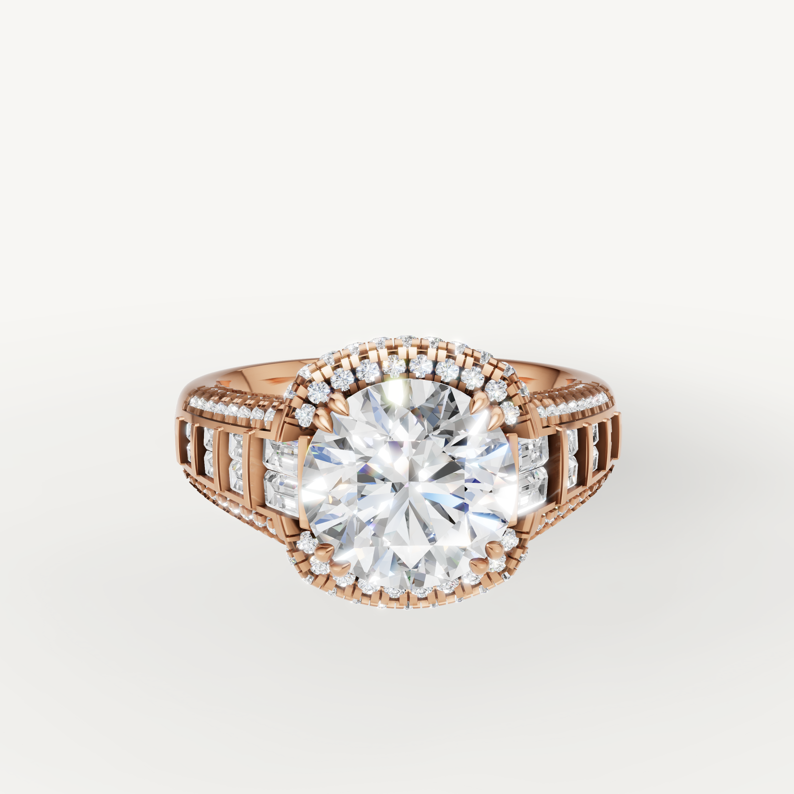 Raul Diamonds rose gold cushion cut halo engagement ring with baguette diamond accents