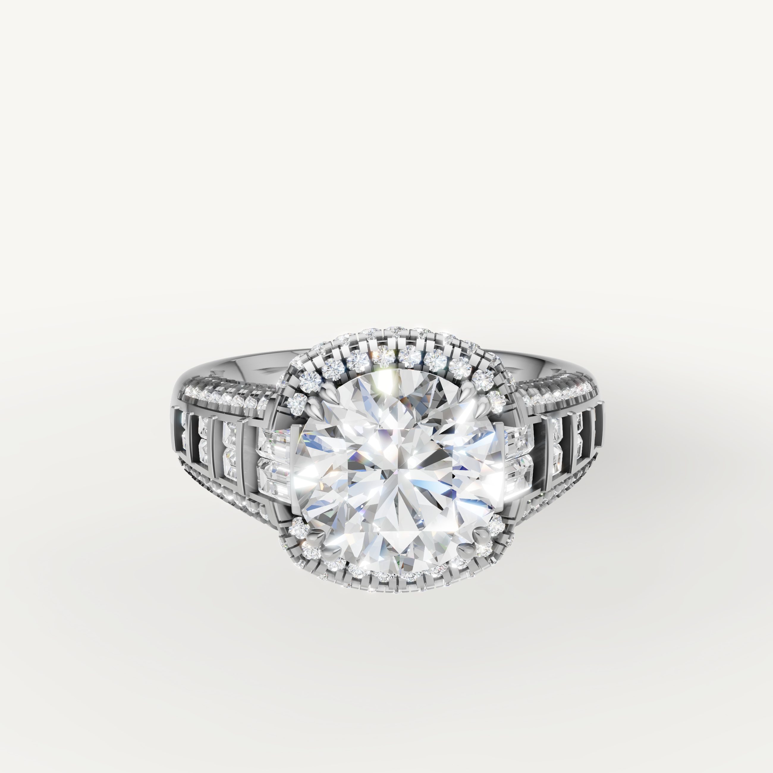 Raul Diamonds white gold cushion cut halo engagement ring with baguette diamond accents
