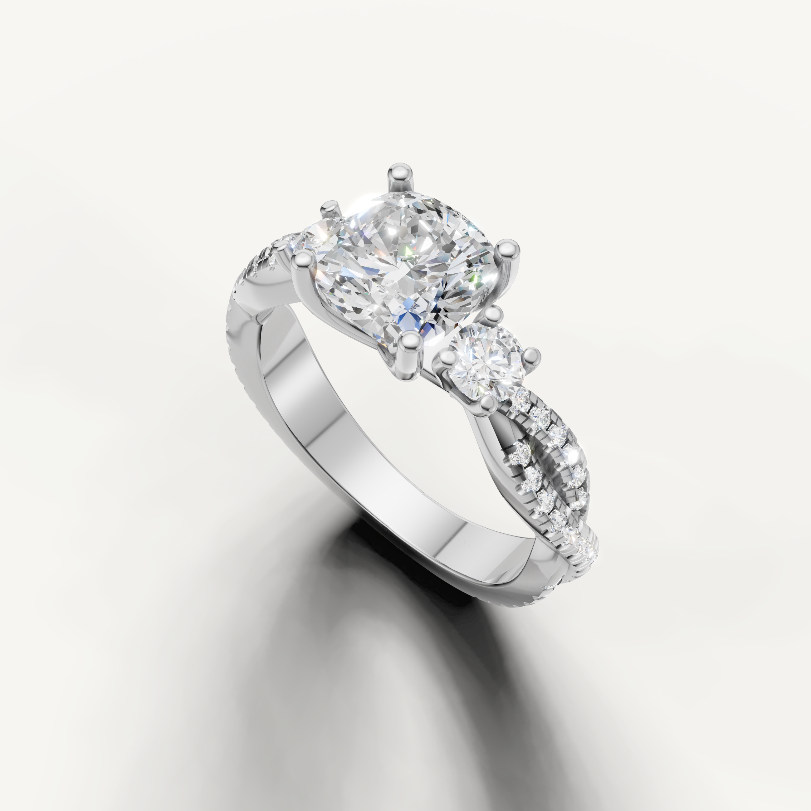 Cushion Cut Three Stone Lab Grown Diamond Engagement Ring in 14K White Gold – Raul Diamonds