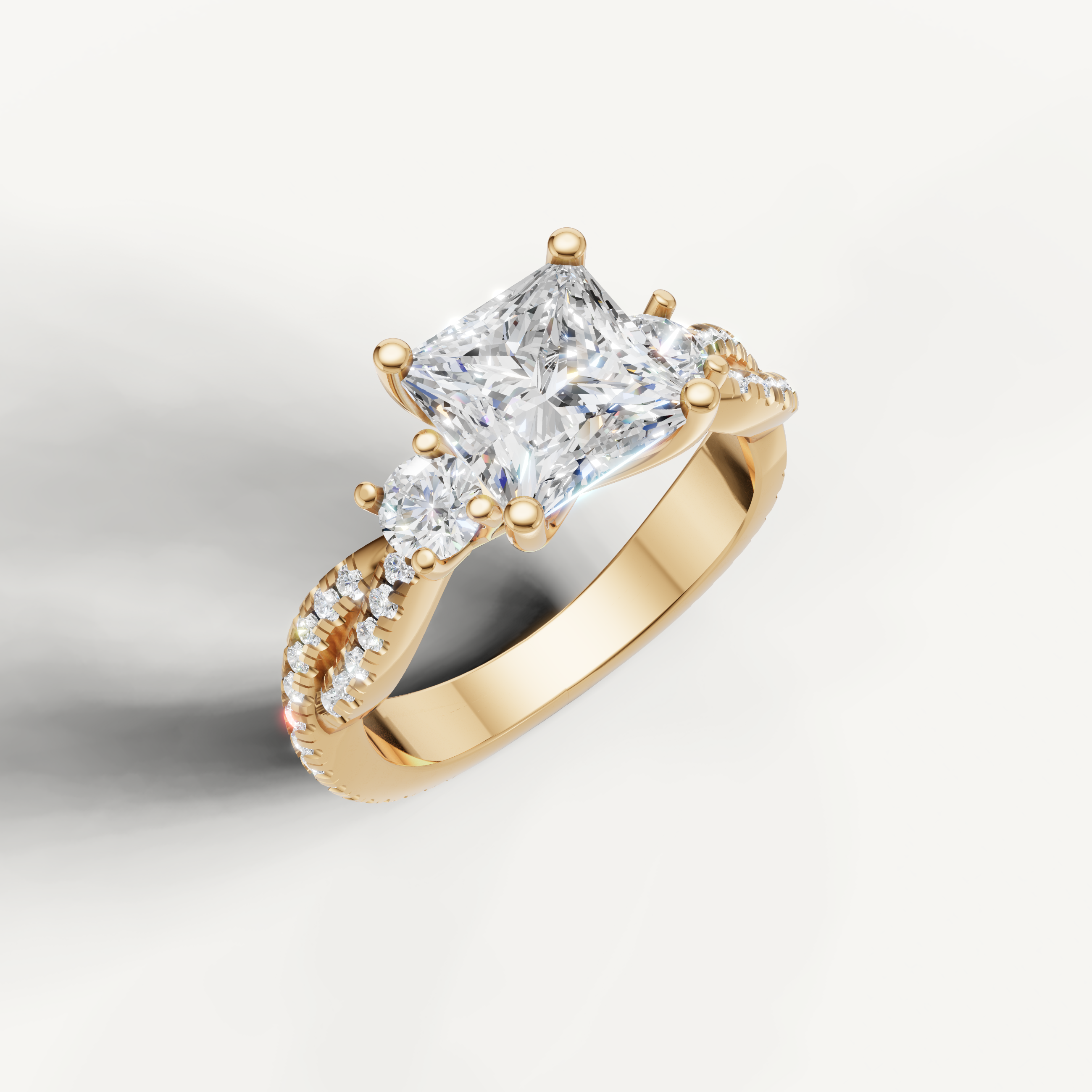 14K Yellow Gold Princess Cut Lab Diamond Ring with Round Side Stones – Raul Diamonds