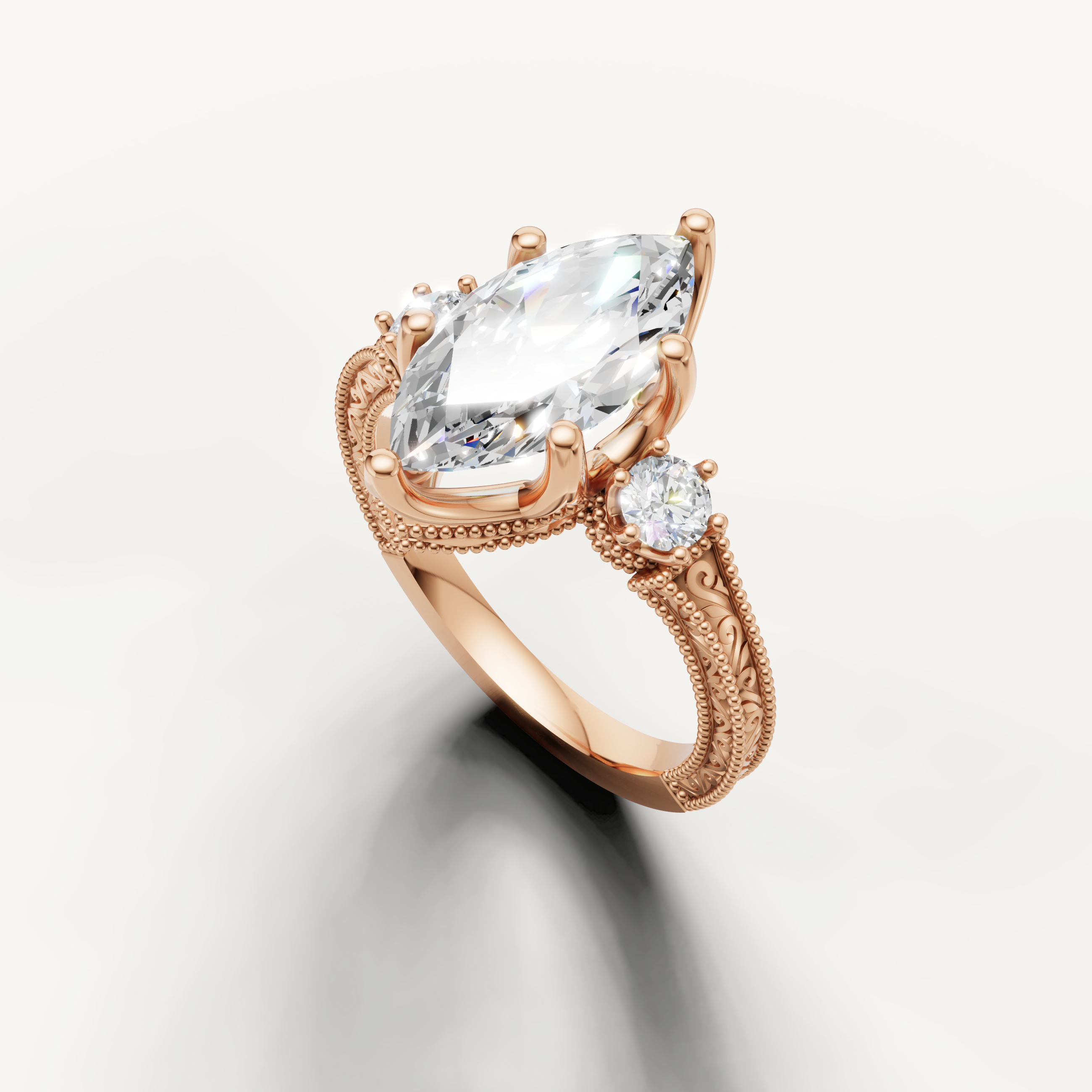 14K Rose Gold Marquise Lab Diamond Ring with Vintage Inspired Design – Raul Diamonds