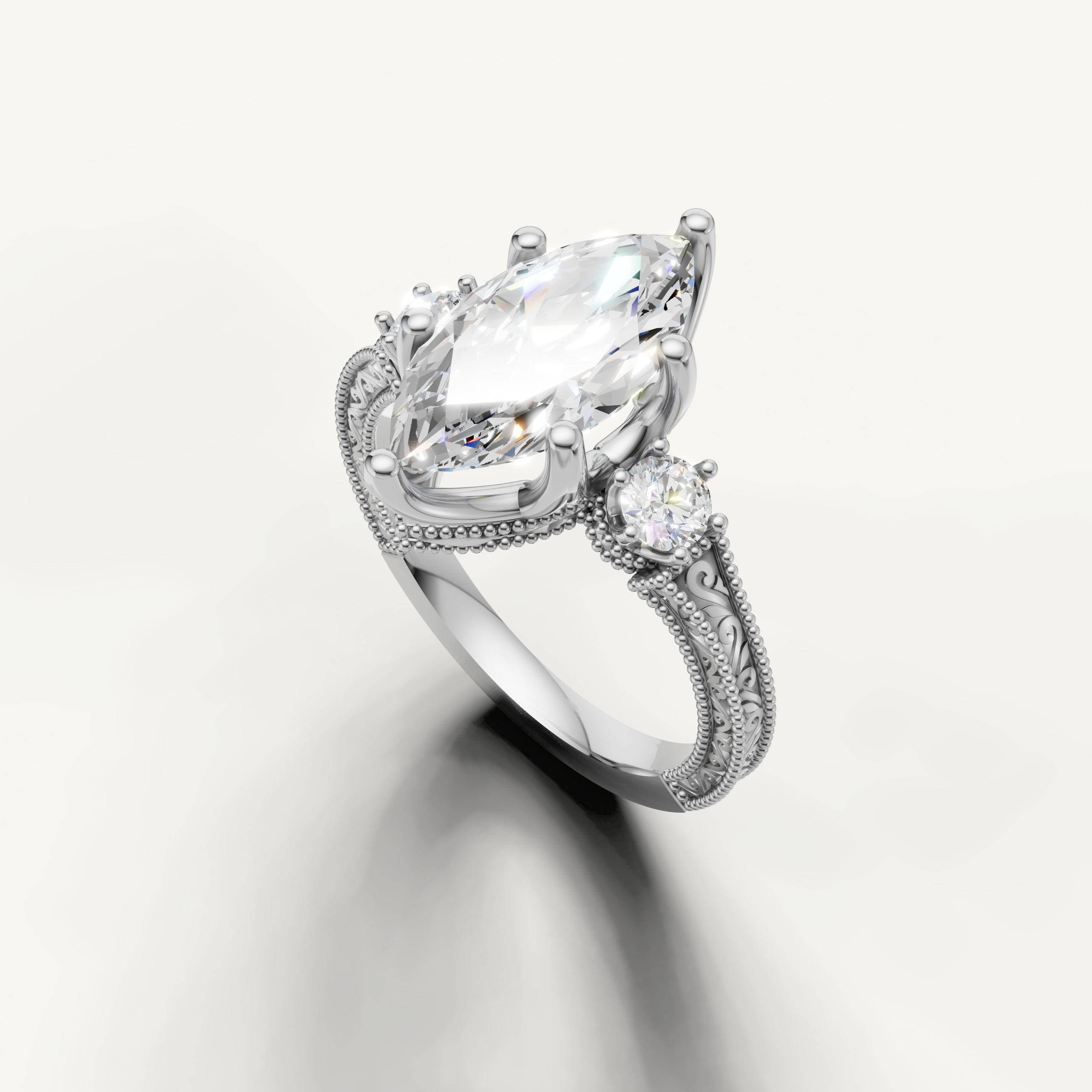 14K White Gold Marquise Lab Diamond Ring with Vintage Milgrain Detail – Raul Diamonds