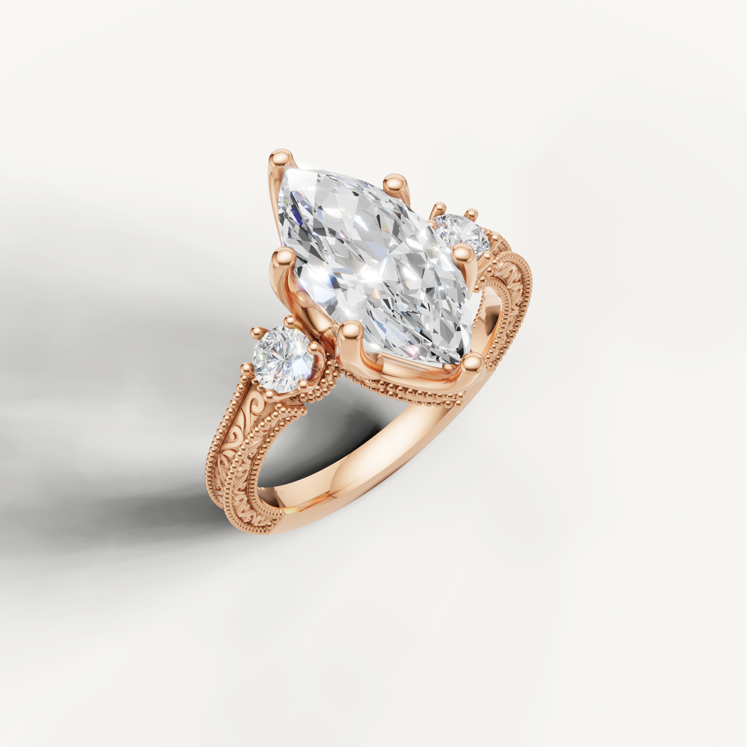 Rose Gold Marquise Diamond Engagement Ring with Intricate Floral Band – Raul Diamonds