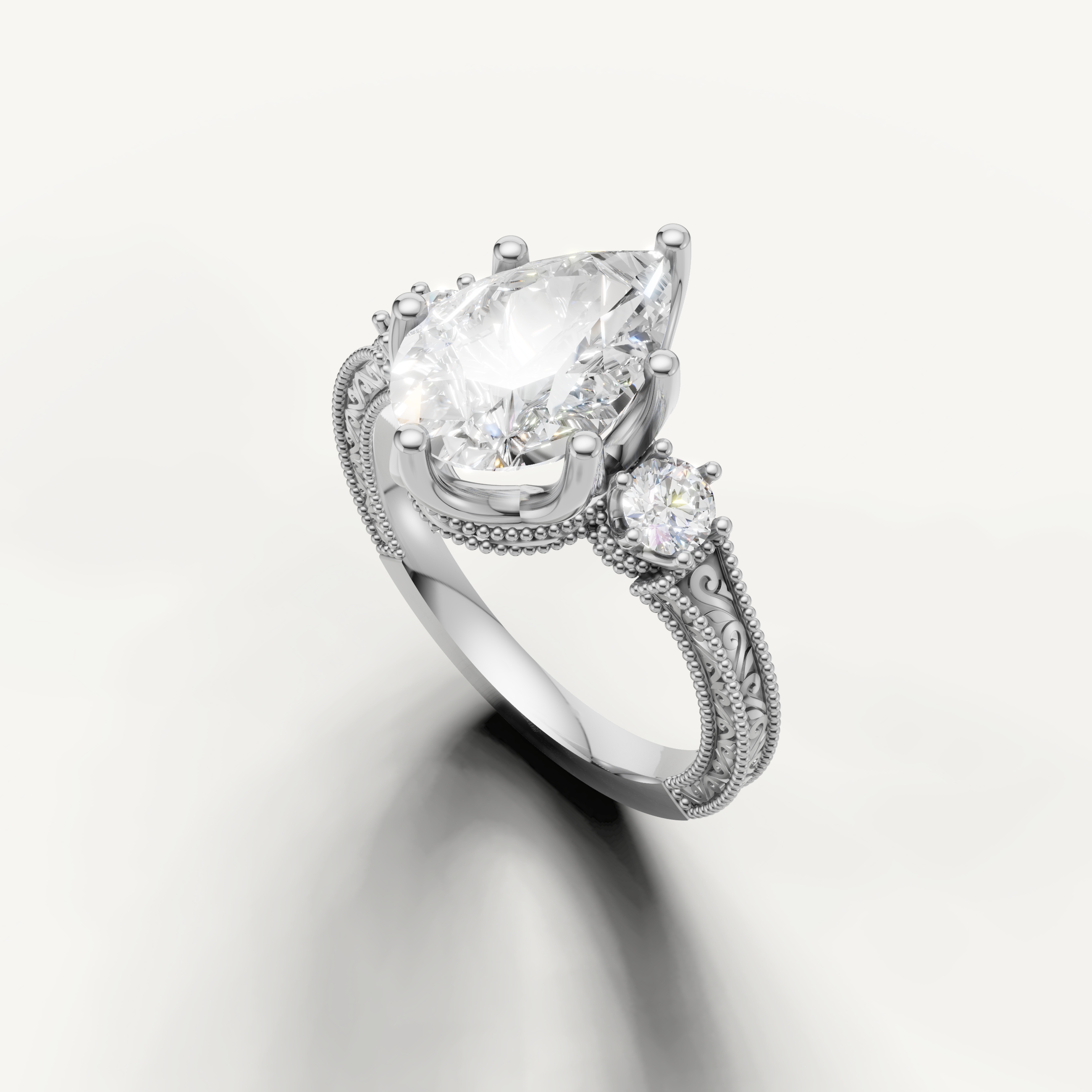 14K White Gold Pear Shape Lab Diamond Ring with Vintage Milgrain Detail – Raul Diamonds