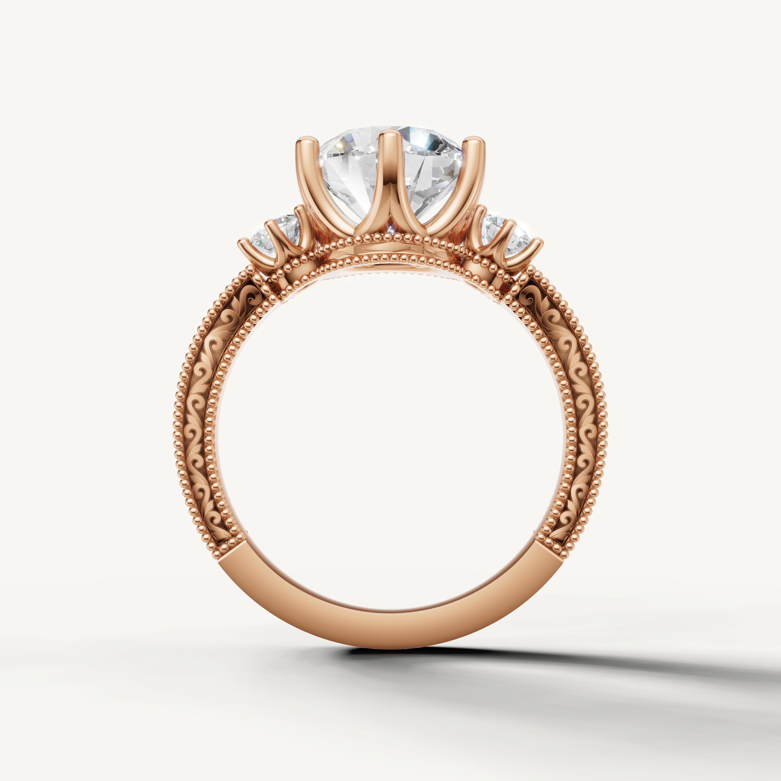 Rose Gold Round Cut Engagement Ring with Intricate Engraved Design – Raul Diamonds
