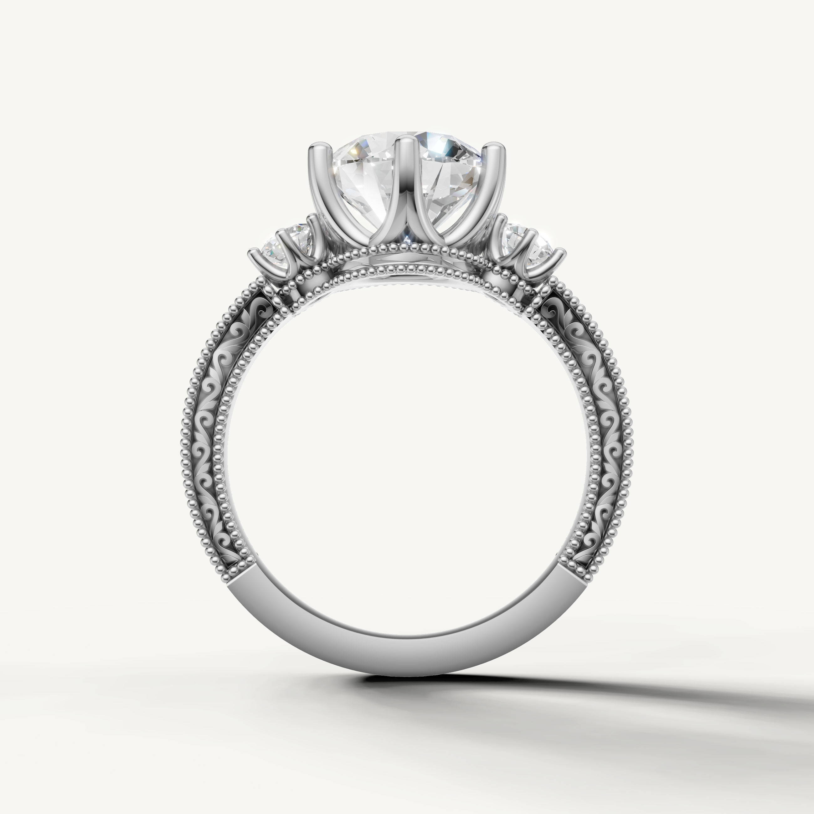 White Gold Round Cut Engagement Ring with Vintage Inspired Band – Raul Diamonds