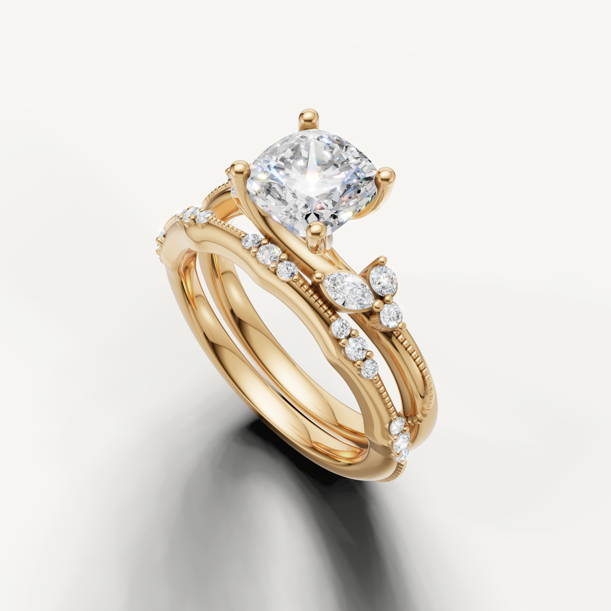 Vintage Inspired Cushion Cut Lab Grown Diamond Bridal Set Yellow Gold