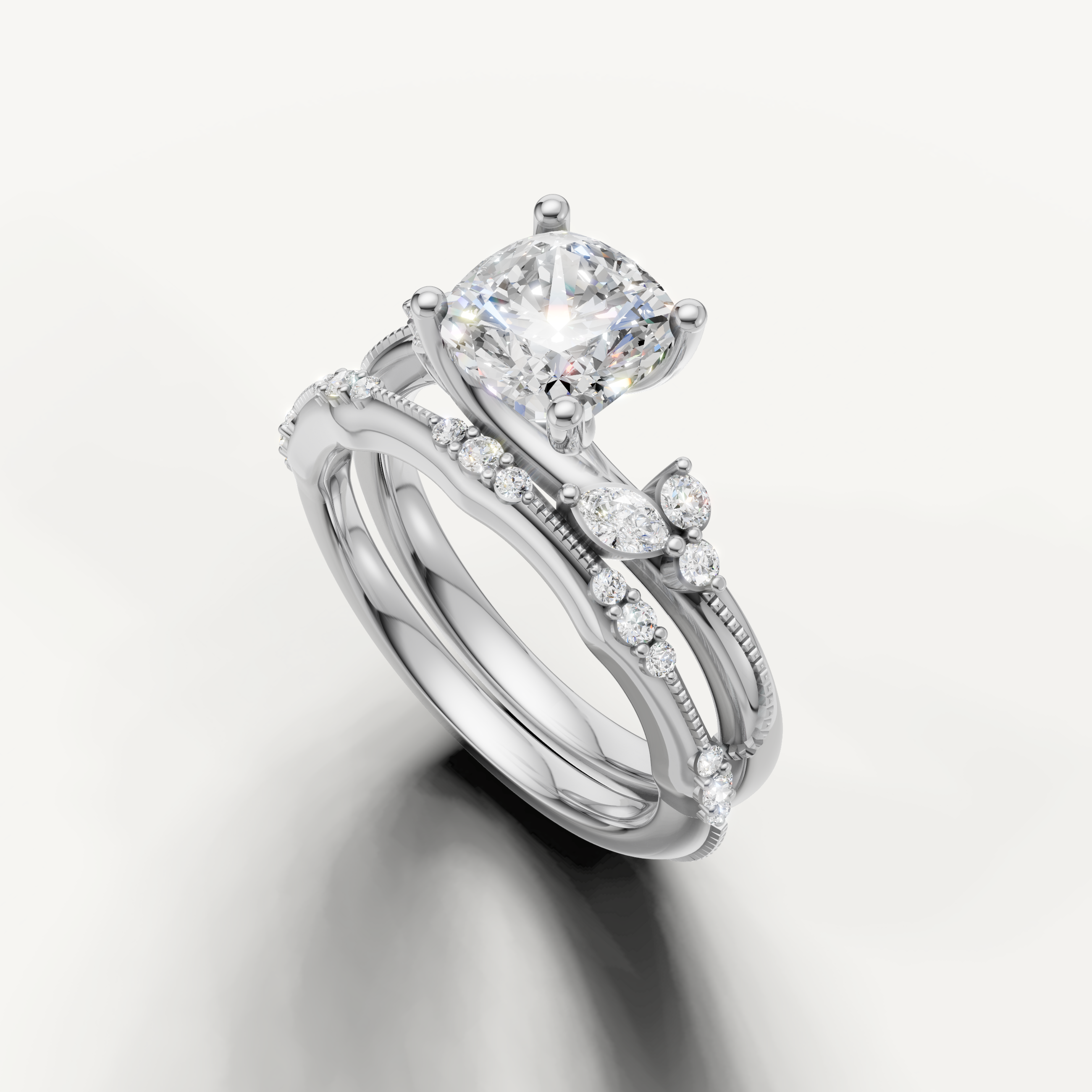 Luxury Cushion Cut Lab Grown Diamond Bridal Set with Diamond Bands White Gold
