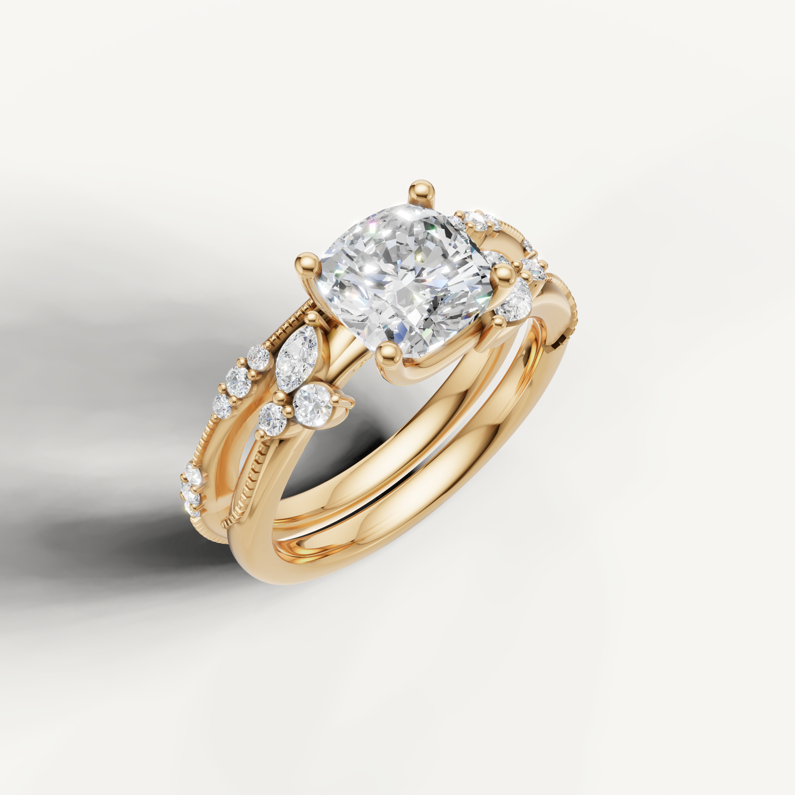 Elegant Cushion Diamond Bridal Ring Set with Pavé Wedding Band Yellow Gold
